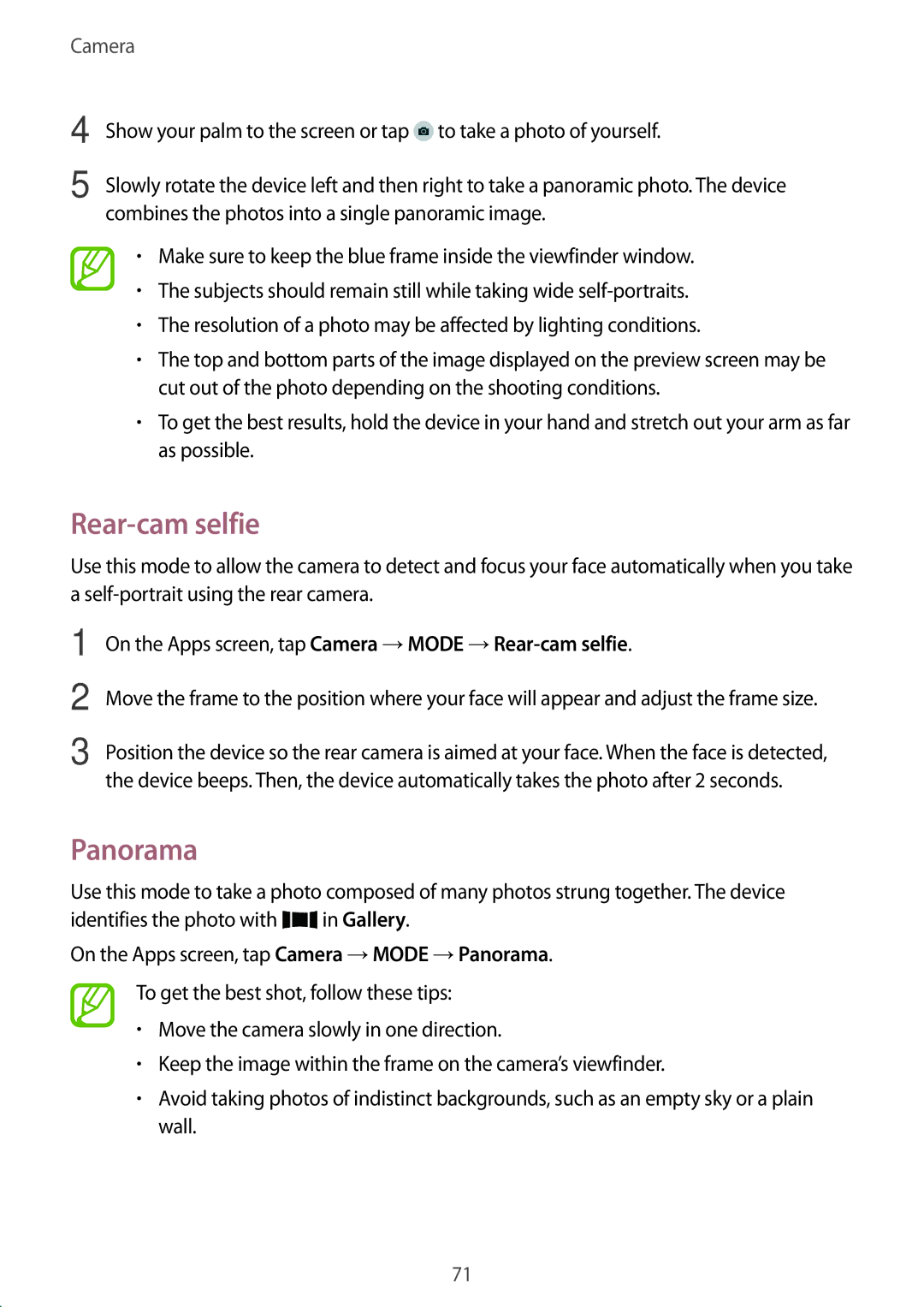 Samsung SM-E500HZKDKSA, SM-E500HZWDKSA, SM-E500HZNDKSA manual Rear-cam selfie, Panorama 