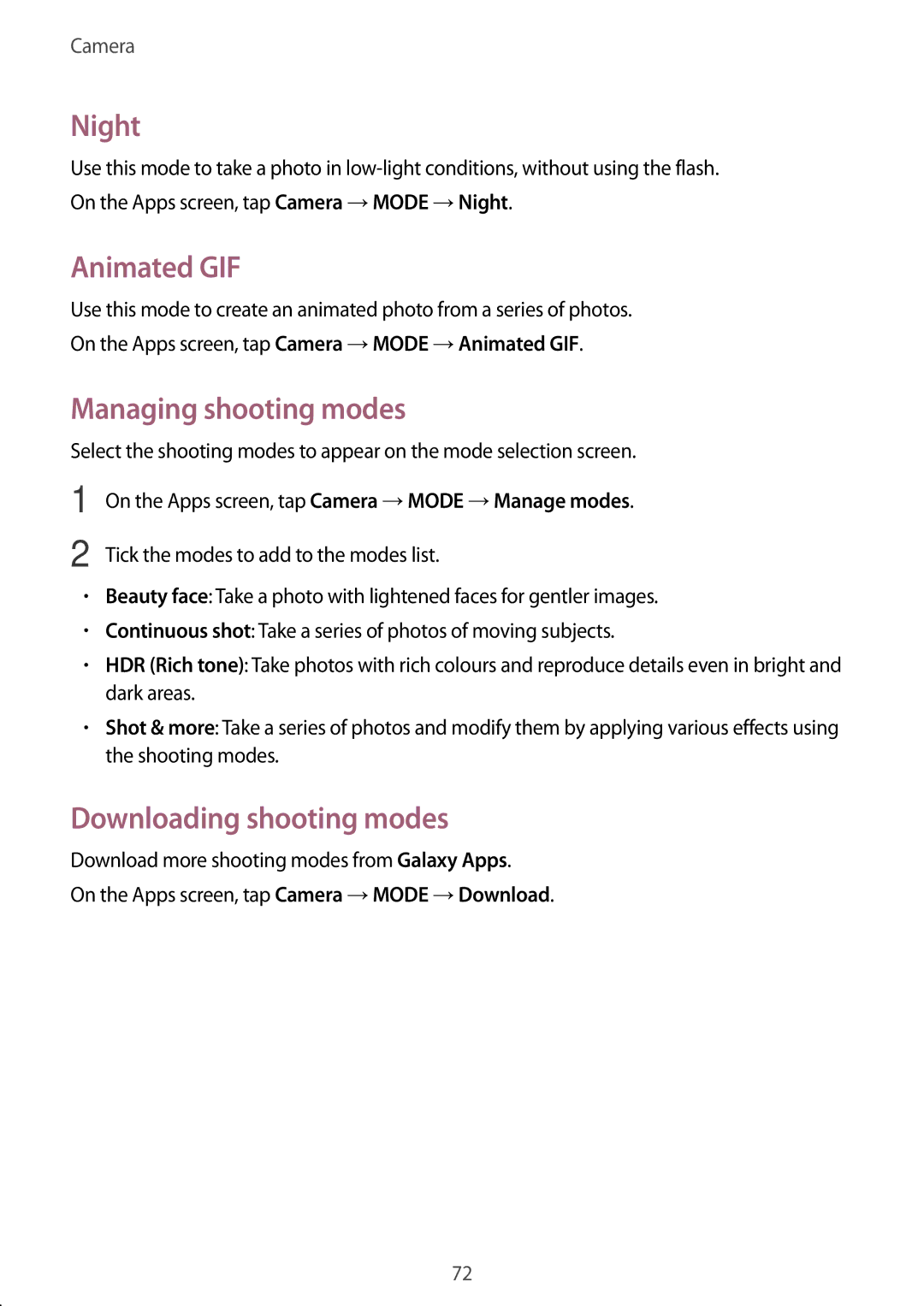 Samsung SM-E500HZWDKSA, SM-E500HZNDKSA manual Night, Animated GIF, Managing shooting modes, Downloading shooting modes 