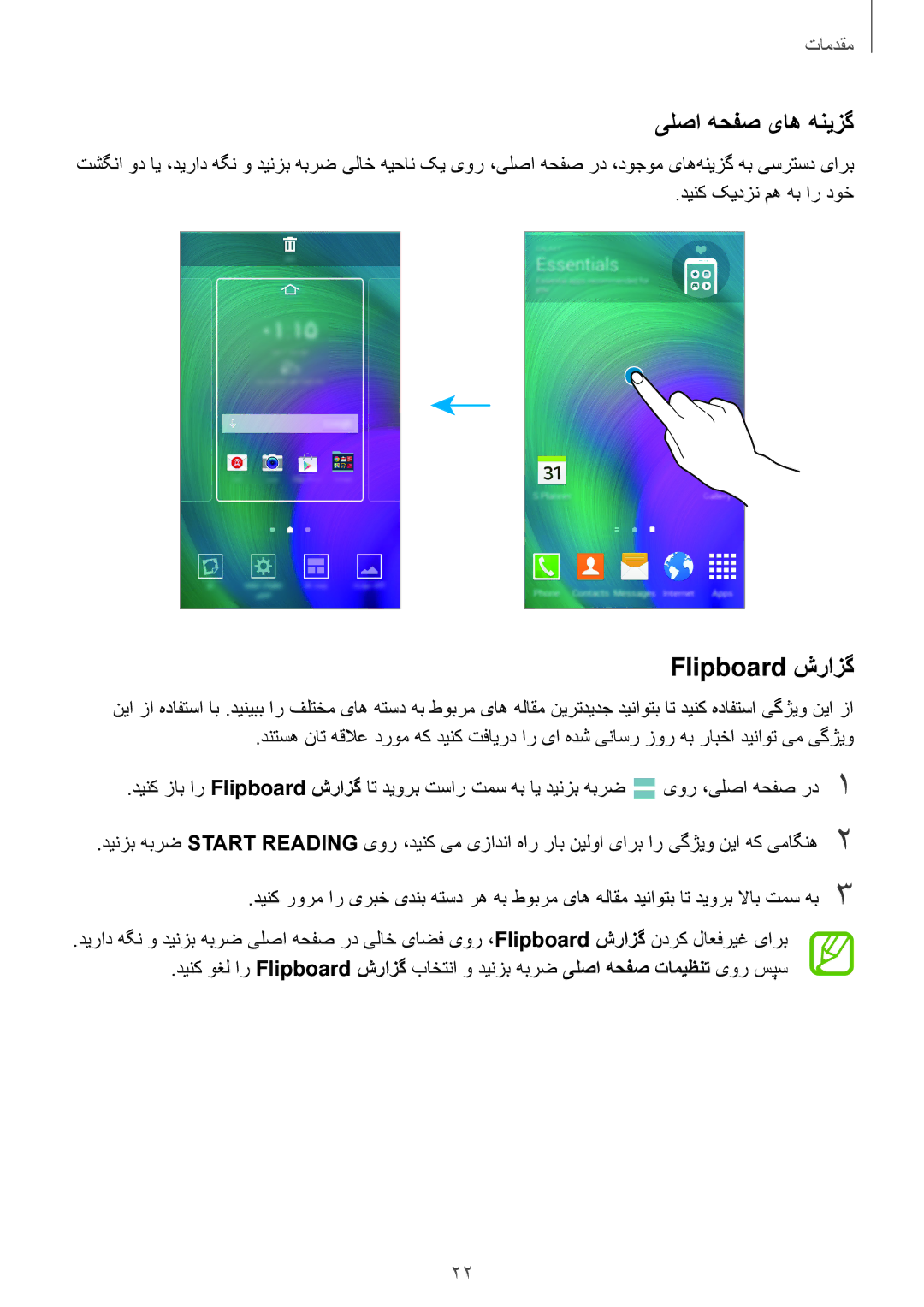 Samsung SM-E500HZNDKSA, SM-E500HZWDKSA, SM-E500HZKDKSA manual یلصا هحفص یاه هنیزگ, Flipboard شرازگ 