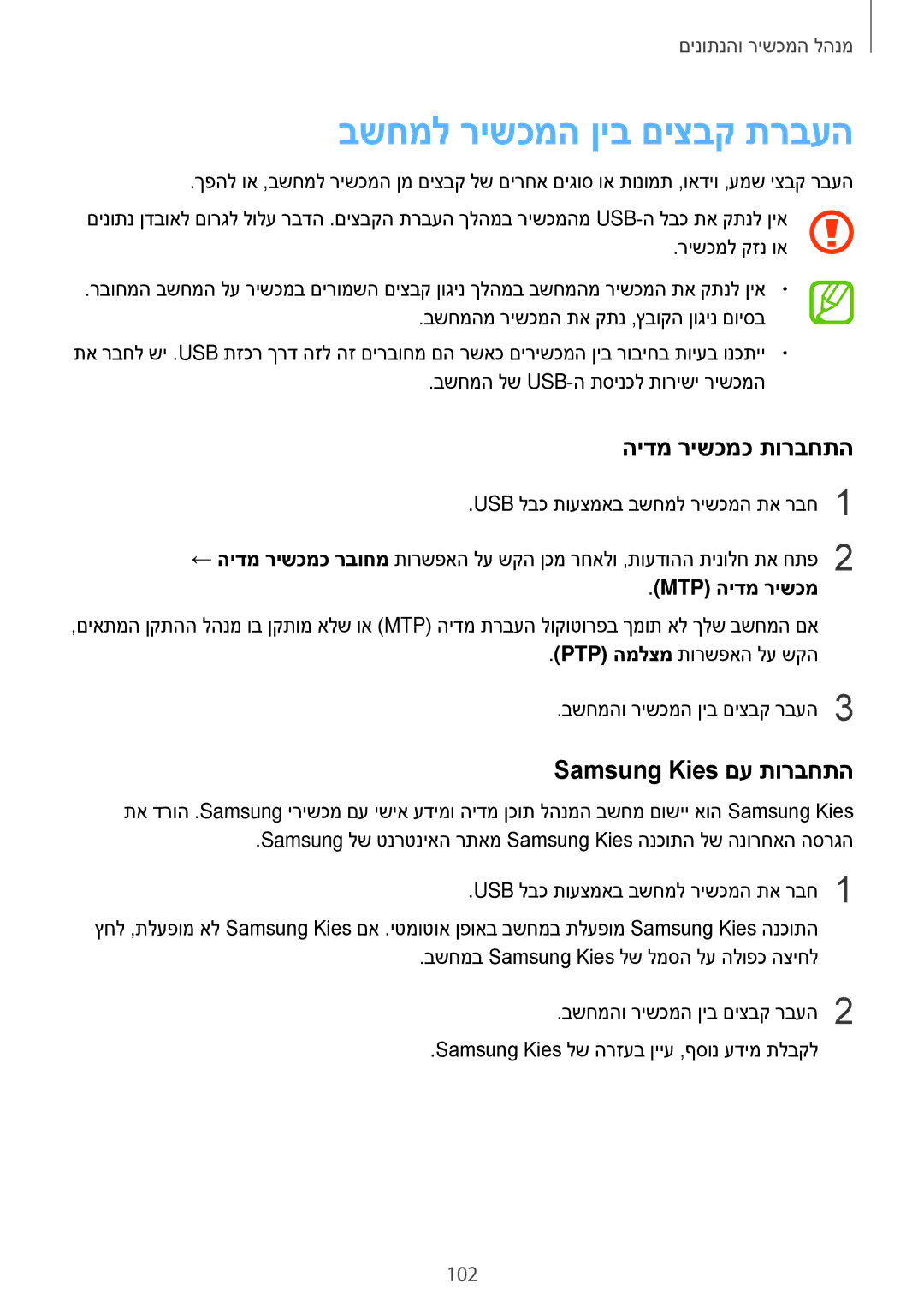 Samsung SM-E700FZWAILO manual בשחמל רישכמה ןיב םיצבק תרבעה, הידמ רישכמכ תורבחתה, Samsung Kies םע תורבחתה, Mtp הידמ רישכמ 