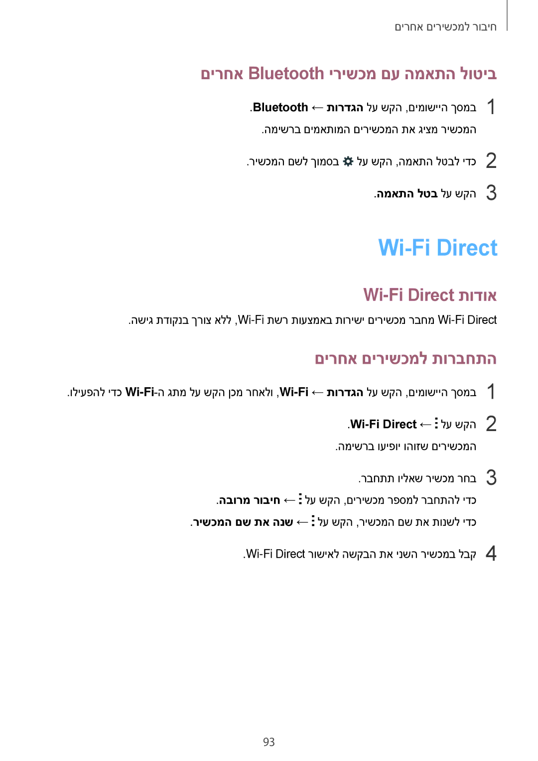 Samsung SM-E700FZKAILO Wi-Fi Direct‏, םירחא Bluetooth ירישכמ םע המאתה לוטיב, Wi-Fi Direct תודוא, םירחא םירישכמל תורבחתה 