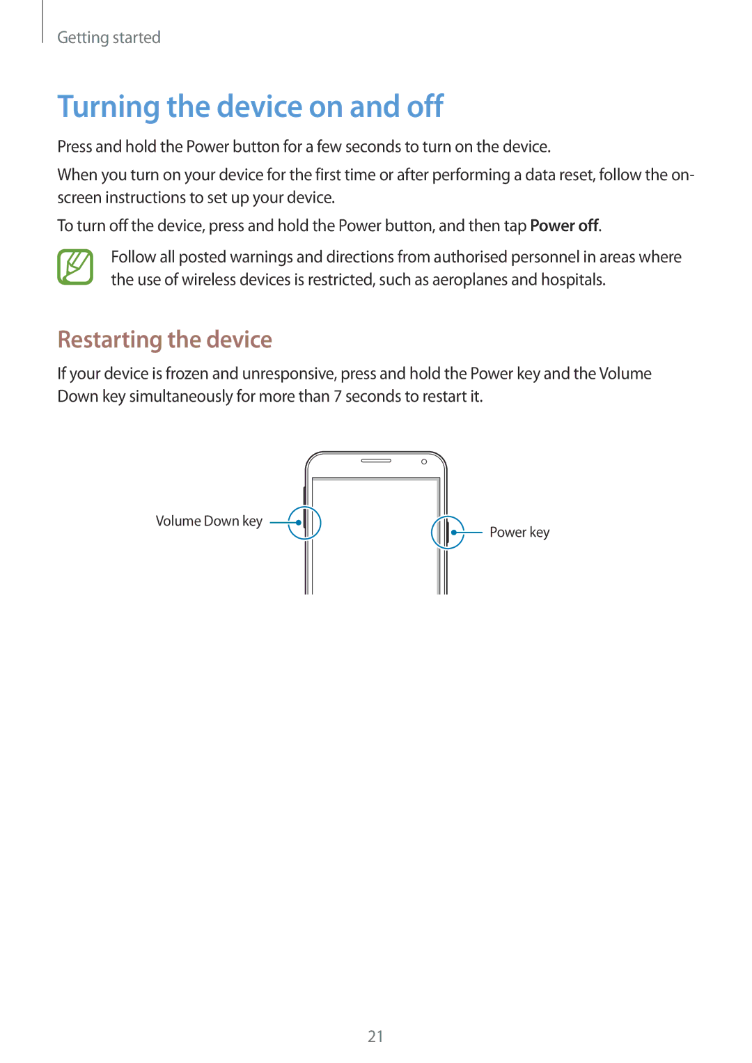 Samsung SM-E700FZKAPCL, SM-E700HZBDKSA, SM-E700FZBDKSA, SM-E700FZBAKSA Turning the device on and off, Restarting the device 