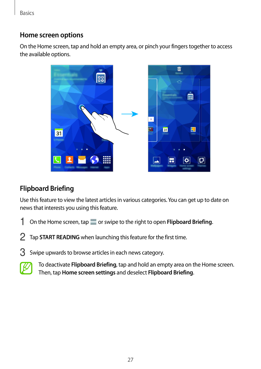 Samsung SM-E700FZBDKSA, SM-E700HZBDKSA, SM-E700FZBAKSA, SM-E700FZWAKSA manual Home screen options, Flipboard Briefing 