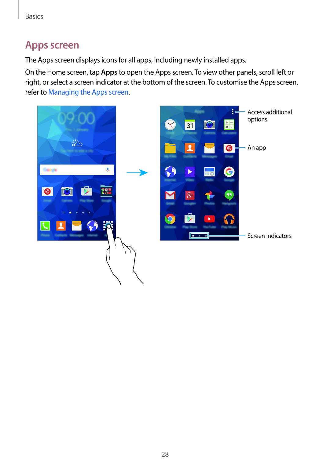 Samsung SM-E700FZBAKSA, SM-E700HZBDKSA, SM-E700FZBDKSA, SM-E700FZWAKSA, SM-E700FZWDKSA, SM-E700HZWDKSA manual Apps screen 