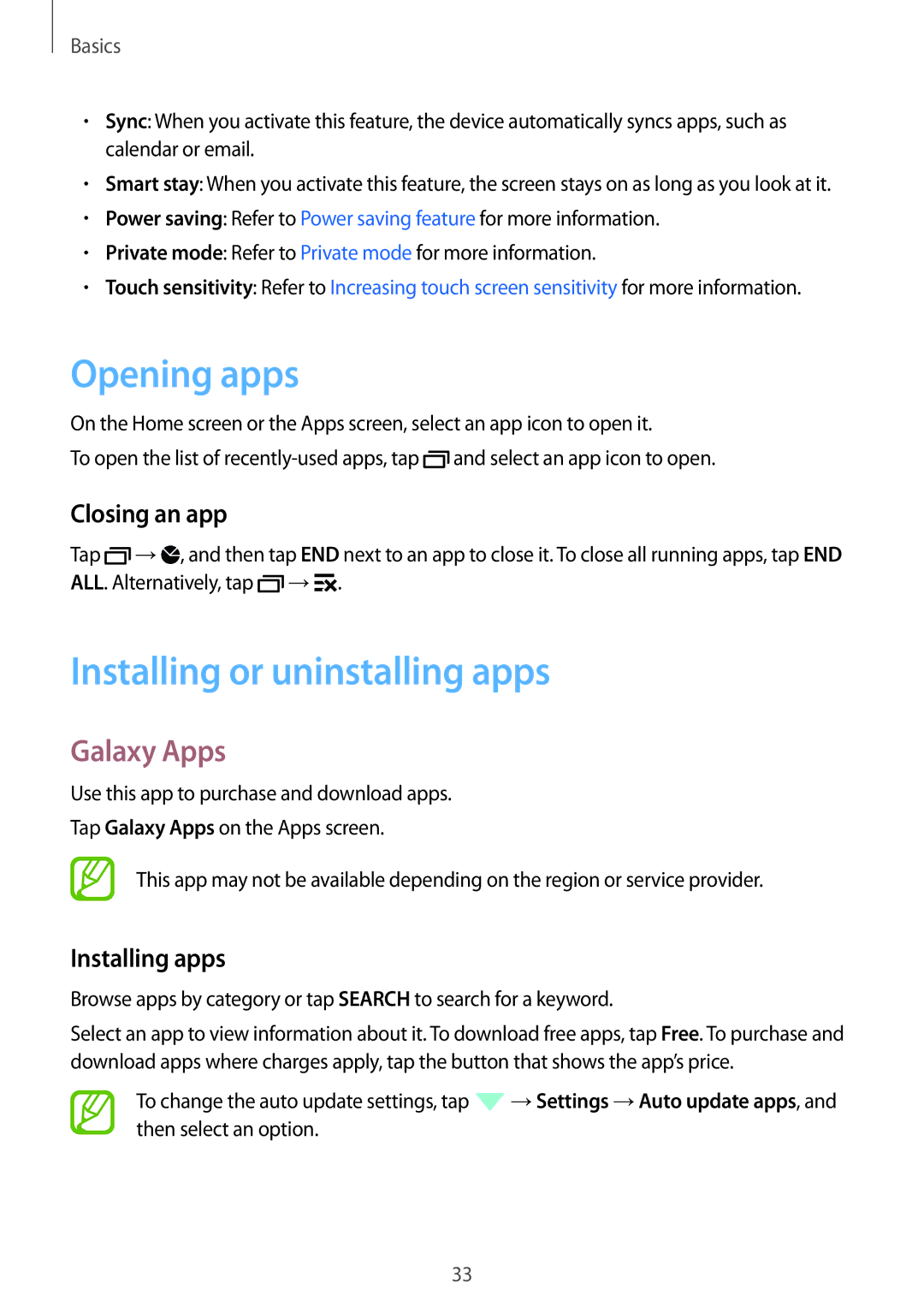 Samsung SM-E700HZKDXXV manual Opening apps, Installing or uninstalling apps, Galaxy Apps, Closing an app, Installing apps 