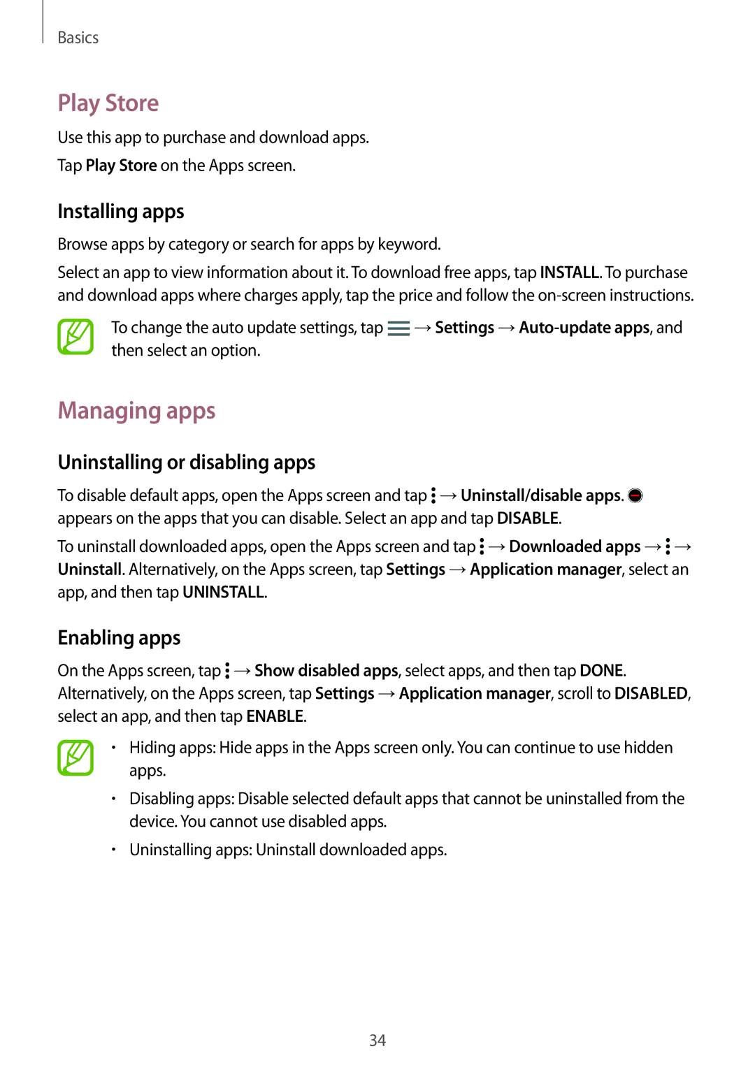 Samsung SM-E700FZKAPCL, SM-E700HZBDKSA manual Play Store, Managing apps, Uninstalling or disabling apps, Enabling apps 