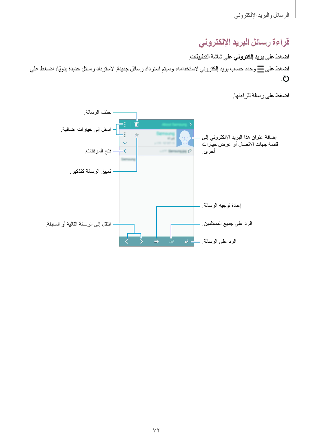 Samsung SM-E700HZBDKSA, SM-E700FZBDKSA, SM-E700FZBAKSA manual ينورتكللإا ديربلا لئاسر ةءارق, اهتءارقل ةلاسر ىلع طغضا 