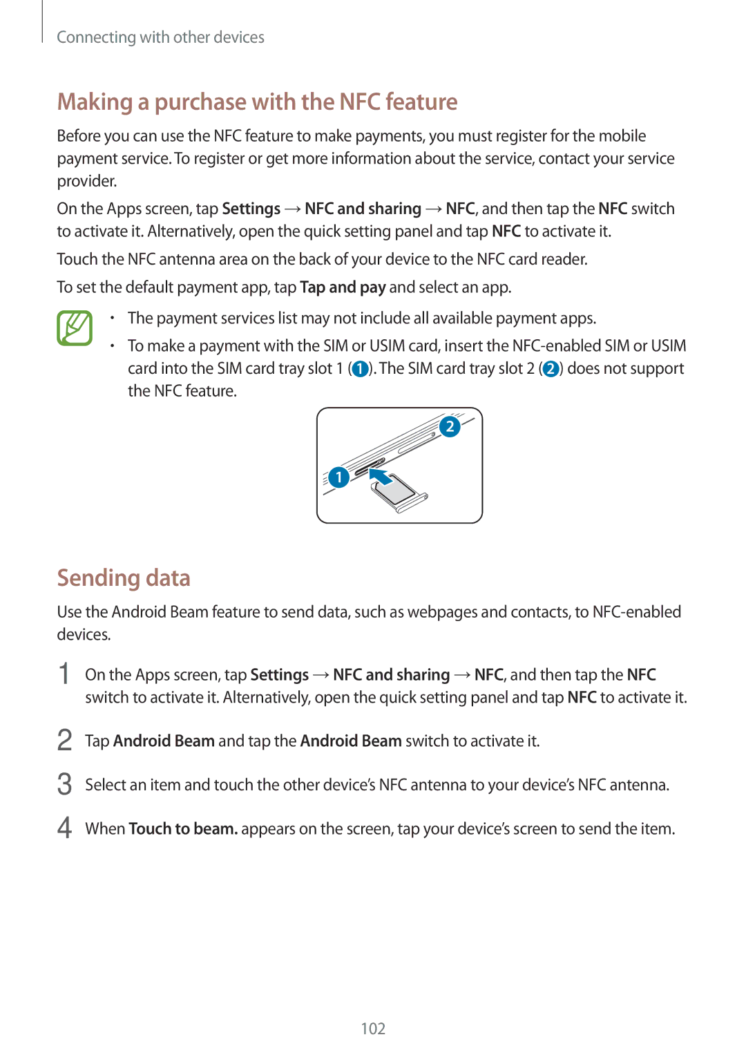 Samsung SM-E700FZKAILO, SM-E700HZBDKSA, SM-E700FZBDKSA, SM-E700FZBAKSA Making a purchase with the NFC feature, Sending data 