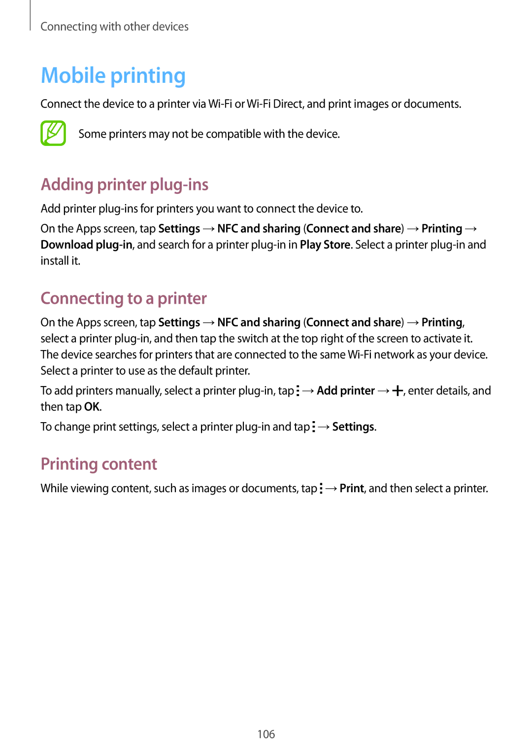 Samsung SM-E700FZBAKSA, SM-E700HZBDKSA Mobile printing, Adding printer plug-ins, Connecting to a printer, Printing content 