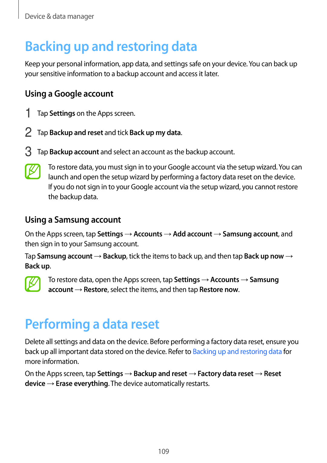 Samsung SM-E700HZWDKSA, SM-E700HZBDKSA manual Backing up and restoring data, Performing a data reset, Using a Google account 