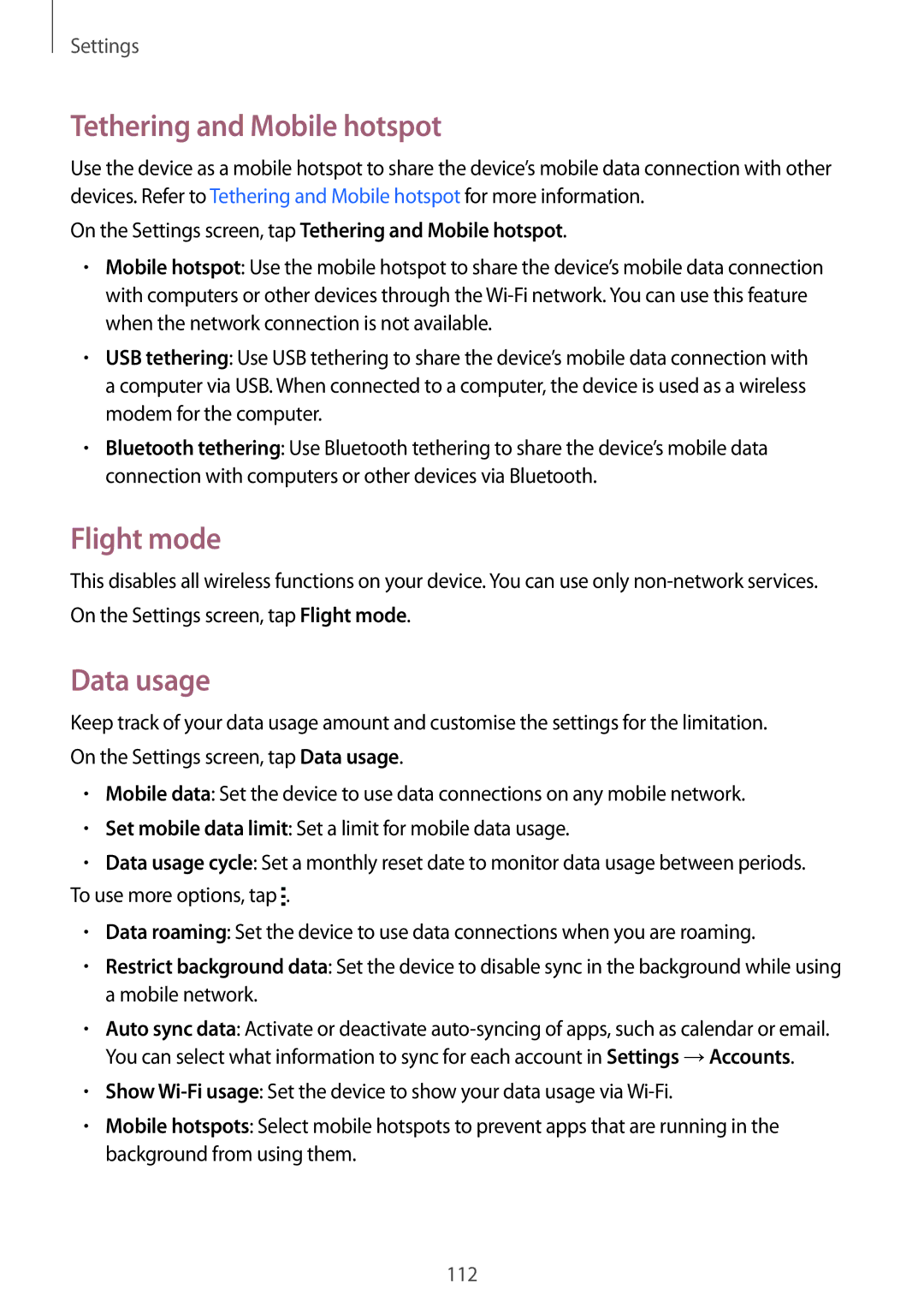 Samsung SM-E700FZKAPCL, SM-E700HZBDKSA, SM-E700FZBDKSA, SM-E700FZBAKSA Tethering and Mobile hotspot, Flight mode, Data usage 