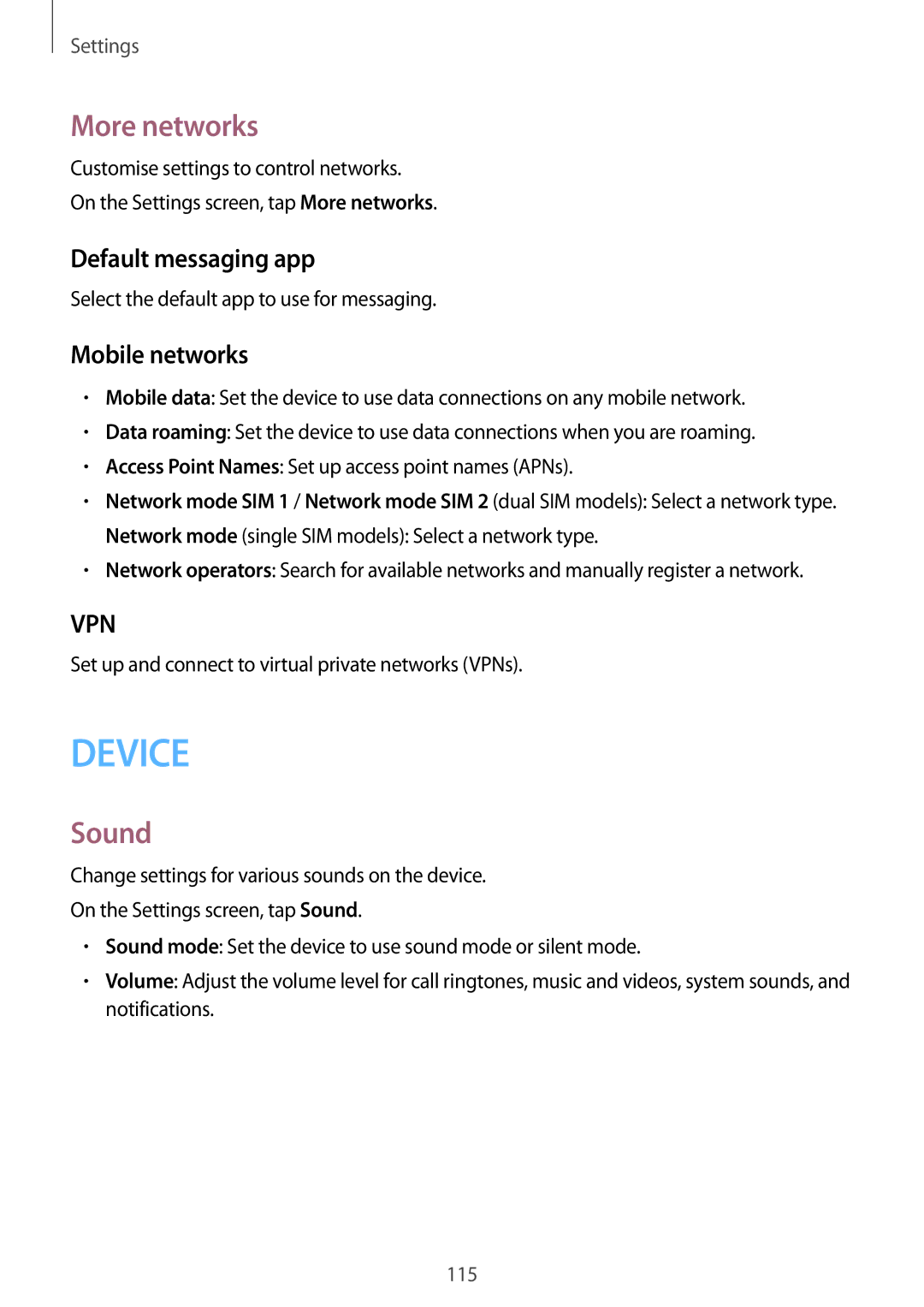 Samsung SM-E700FZKAILO, SM-E700HZBDKSA, SM-E700FZBDKSA manual More networks, Sound, Default messaging app, Mobile networks 