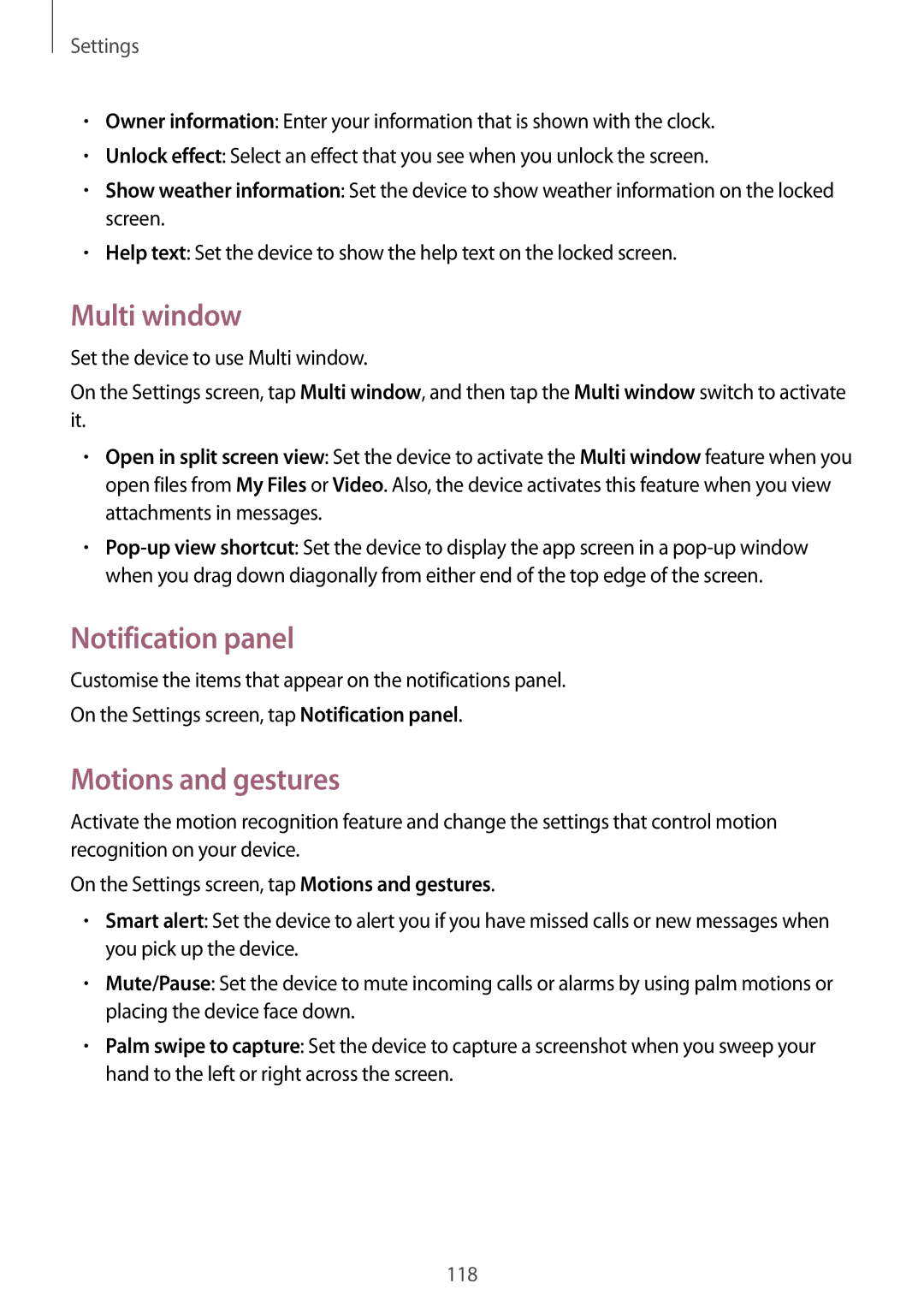 Samsung SM-E700FZBDKSA, SM-E700HZBDKSA, SM-E700FZBAKSA manual Multi window, Notification panel, Motions and gestures 