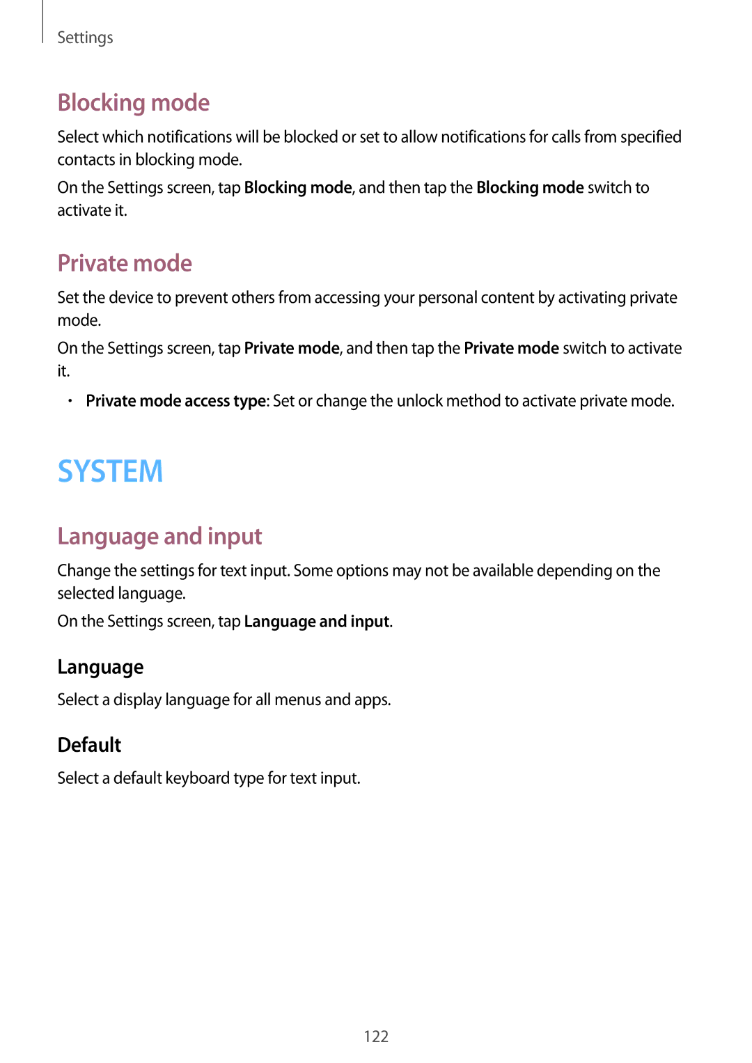 Samsung SM-E700HZWDKSA, SM-E700HZBDKSA, SM-E700FZBDKSA manual Blocking mode, Private mode, Language and input, Default 