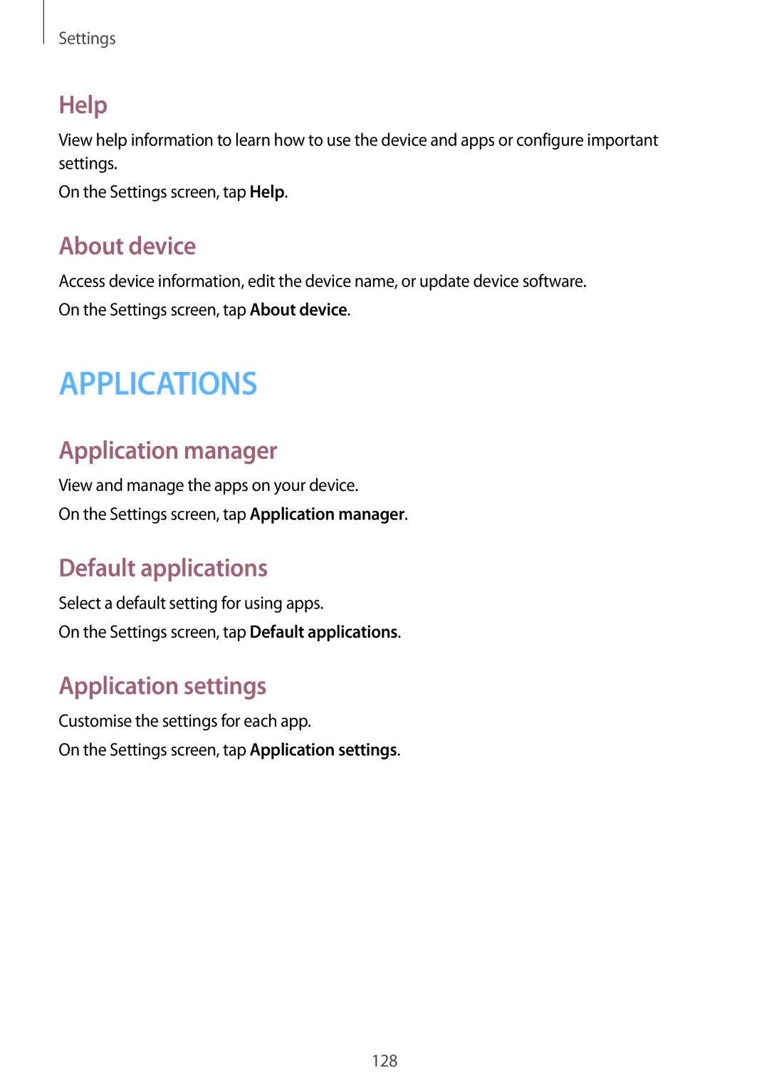 Samsung SM-E700FZKAILO, SM-E700HZBDKSA Help, About device, Application manager, Default applications, Application settings 