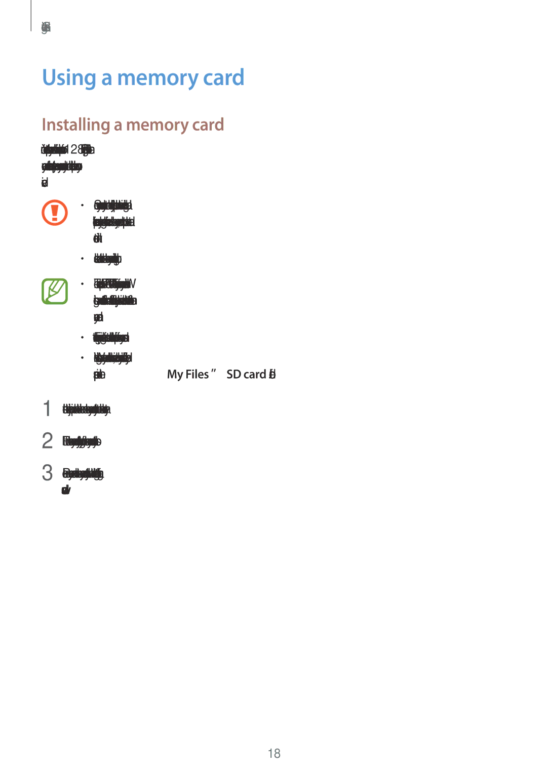 Samsung SM-E700HZWDKSA, SM-E700HZBDKSA, SM-E700FZBDKSA, SM-E700FZBAKSA manual Using a memory card, Installing a memory card 