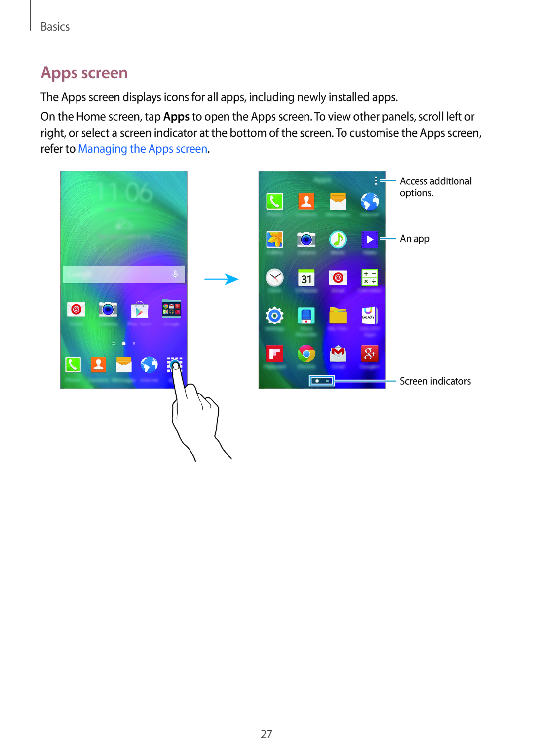 Samsung SM-E700FZBDKSA, SM-E700HZBDKSA, SM-E700FZBAKSA, SM-E700FZWAKSA, SM-E700FZWDKSA, SM-E700HZWDKSA manual Apps screen 