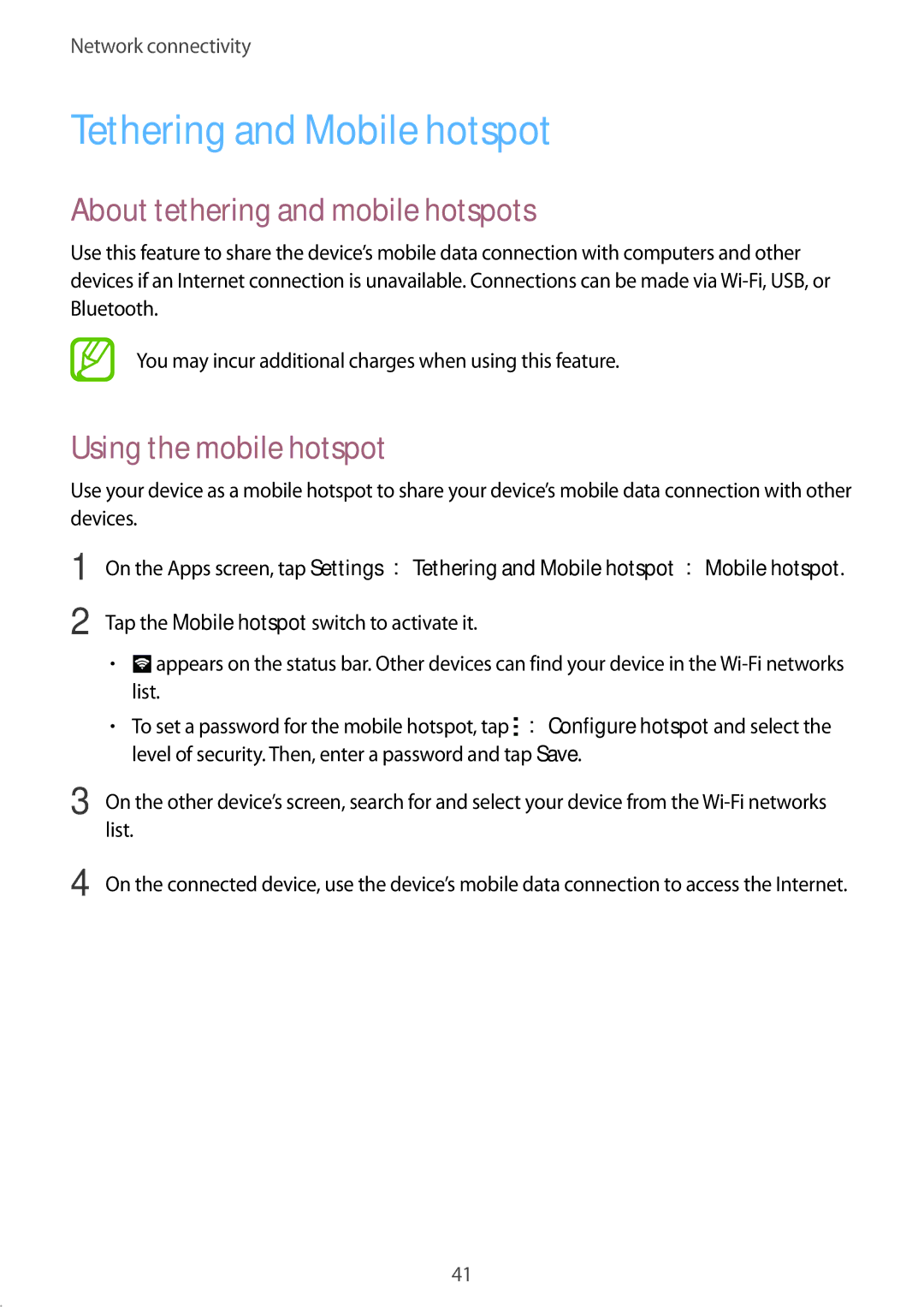 Samsung SM-E700FZBAKSA manual Tethering and Mobile hotspot, About tethering and mobile hotspots, Using the mobile hotspot 