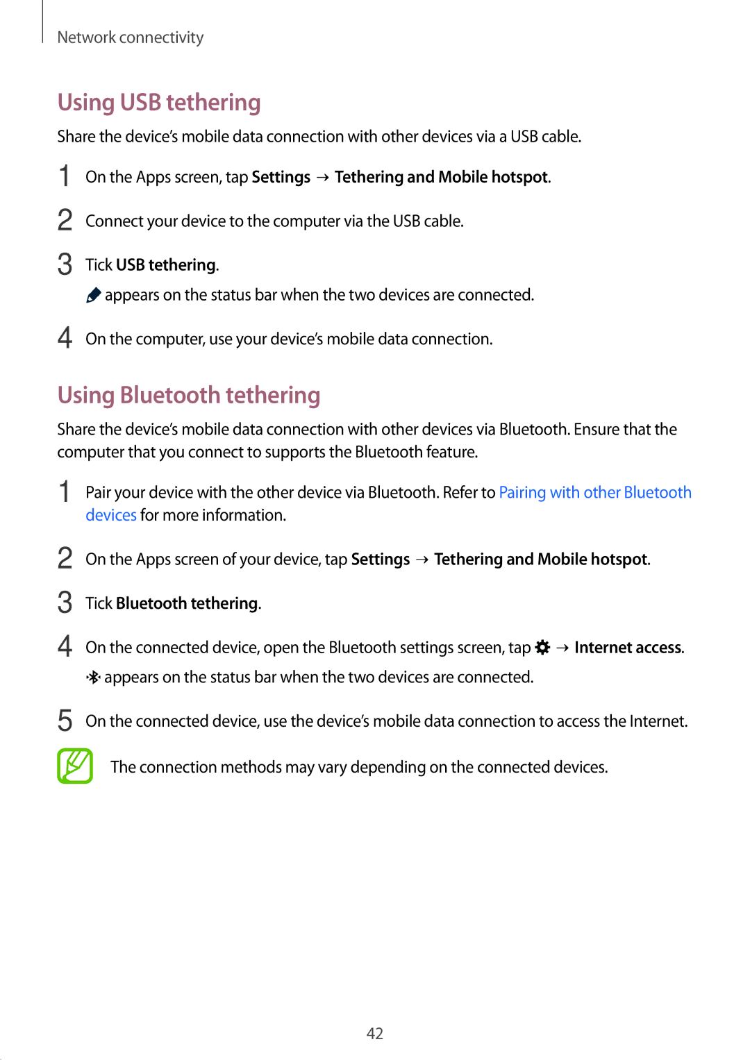 Samsung SM-E700FZWAKSA manual Using USB tethering, Using Bluetooth tethering, Tick USB tethering, Tick Bluetooth tethering 