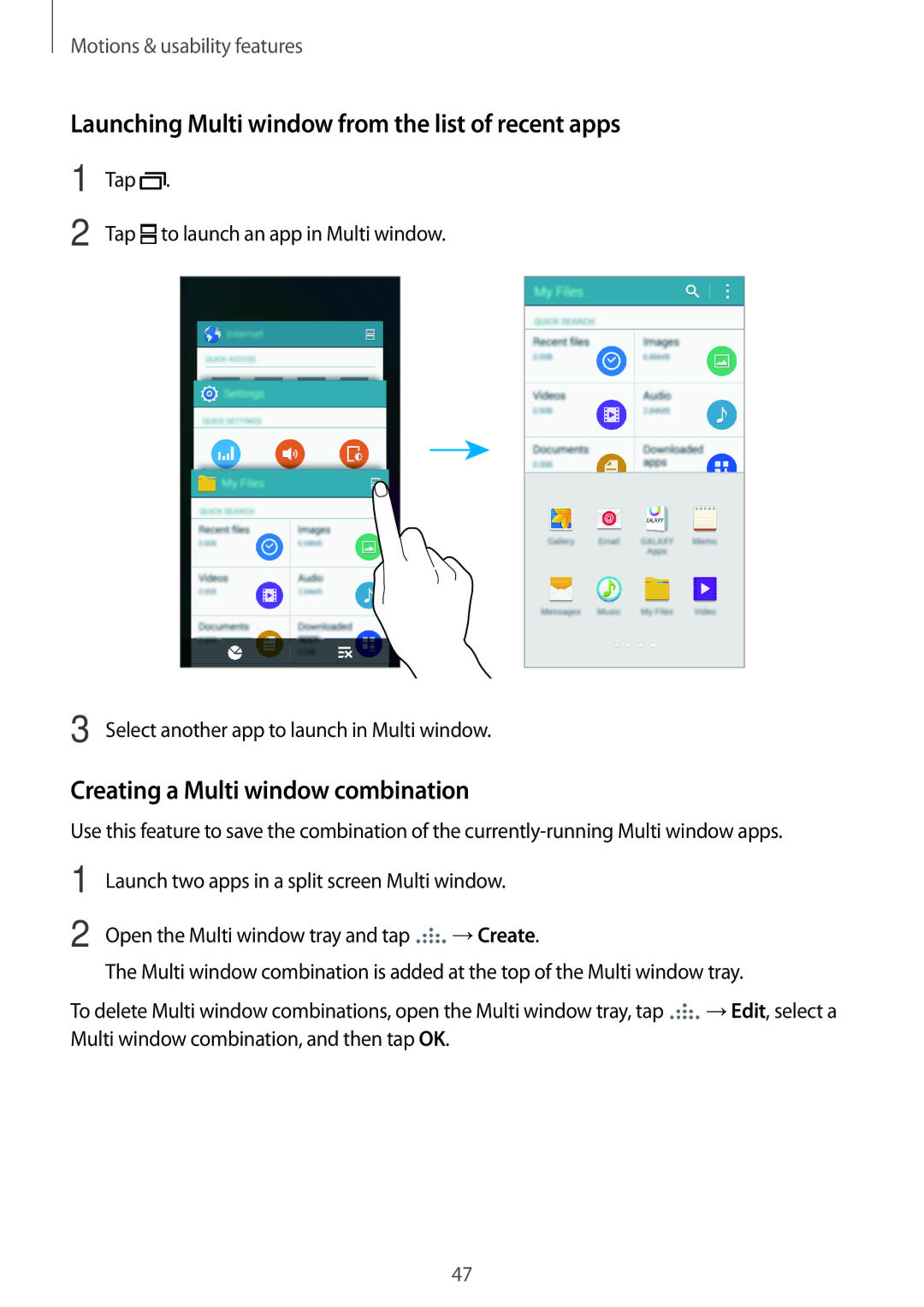 Samsung SM-E700FZKAPCL manual Launching Multi window from the list of recent apps, Creating a Multi window combination 