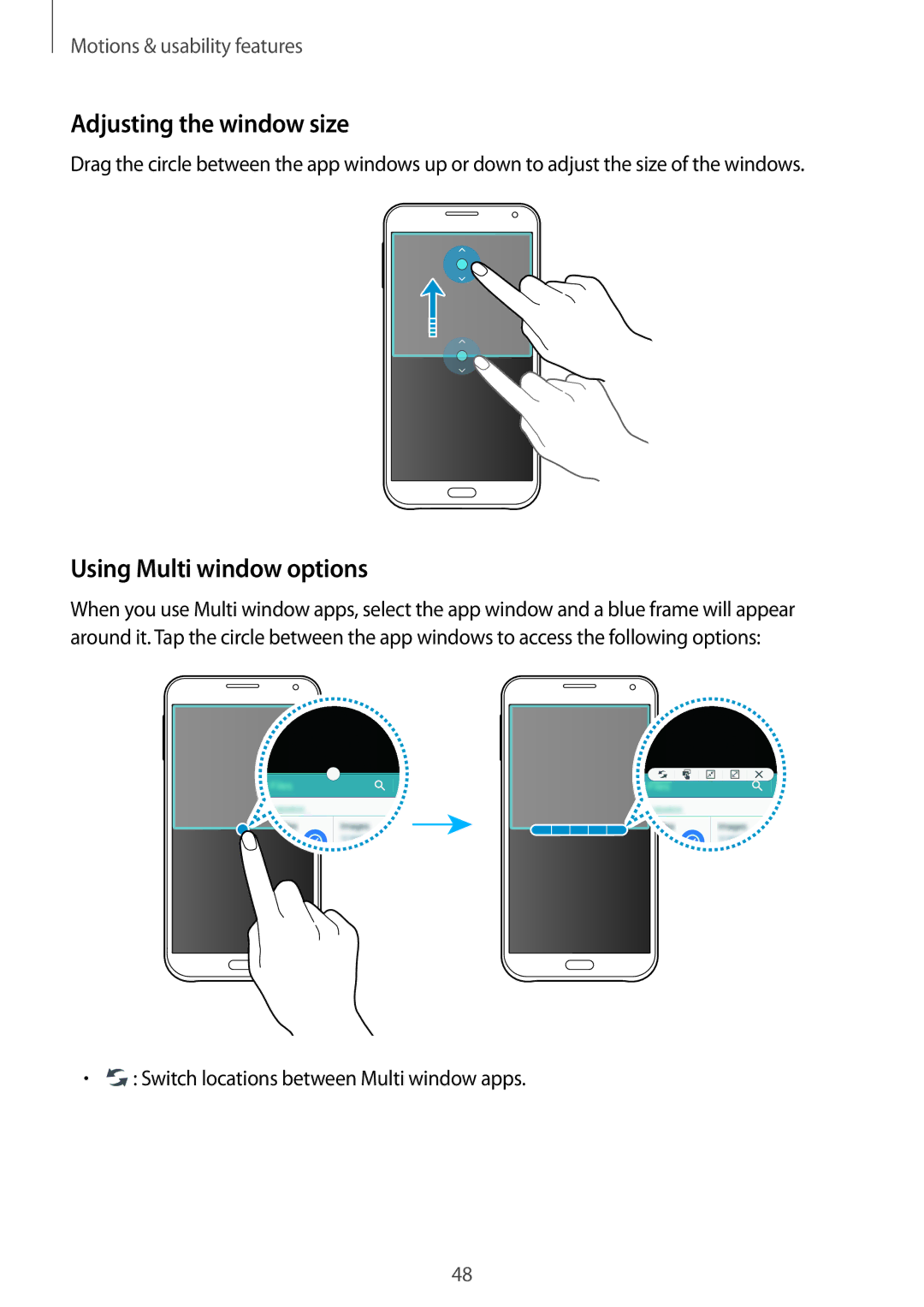 Samsung SM-E700FZBAILO, SM-E700HZBDKSA, SM-E700FZBDKSA, SM-E700FZBAKSA Adjusting the window size, Using Multi window options 