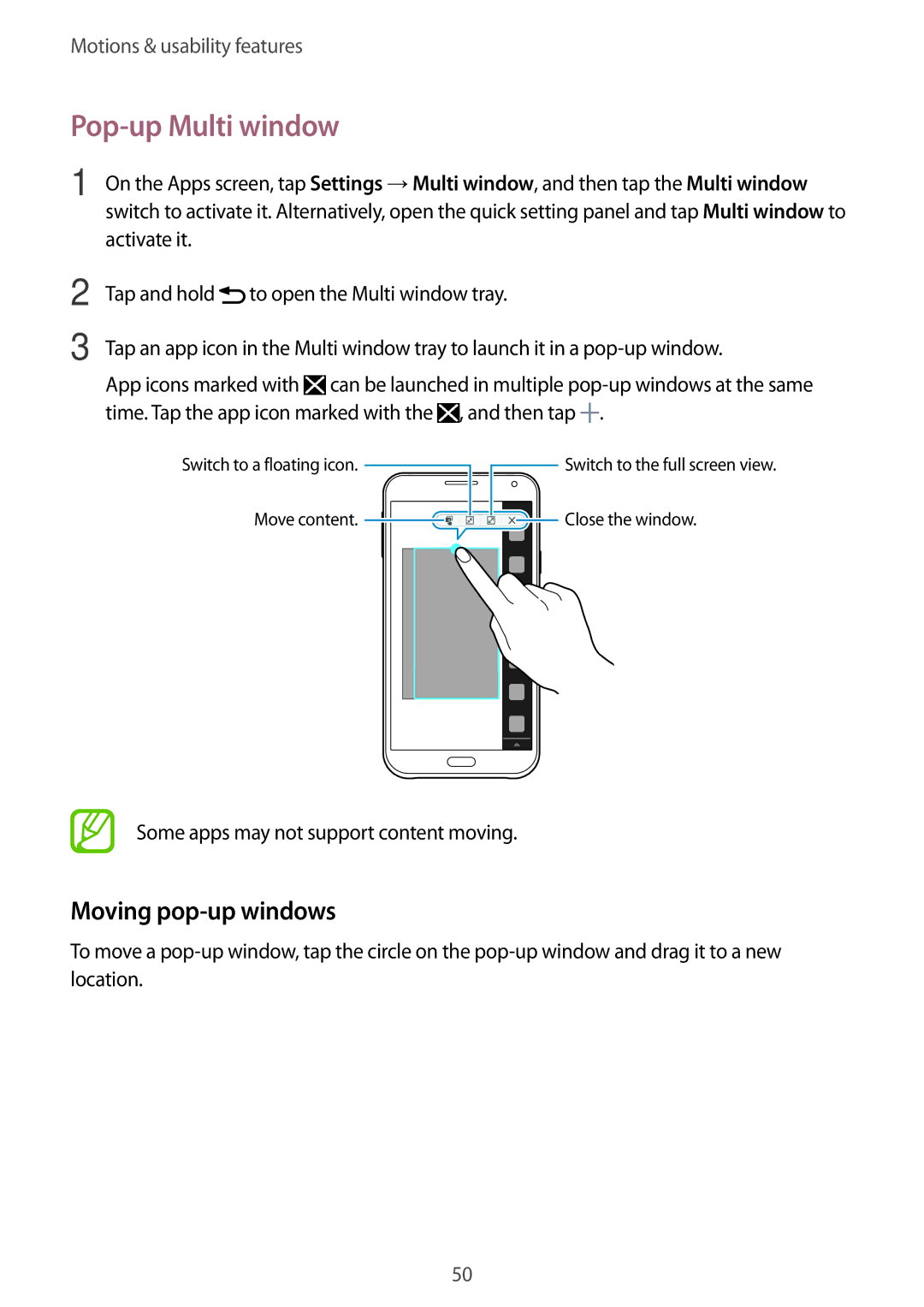 Samsung SM-E700FZKAILO, SM-E700HZBDKSA, SM-E700FZBDKSA, SM-E700FZBAKSA manual Pop-up Multi window, Moving pop-up windows 