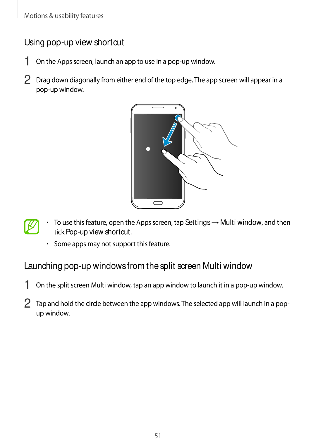 Samsung SM-E700FZWAPCL manual Using pop-up view shortcut, Launching pop-up windows from the split screen Multi window 