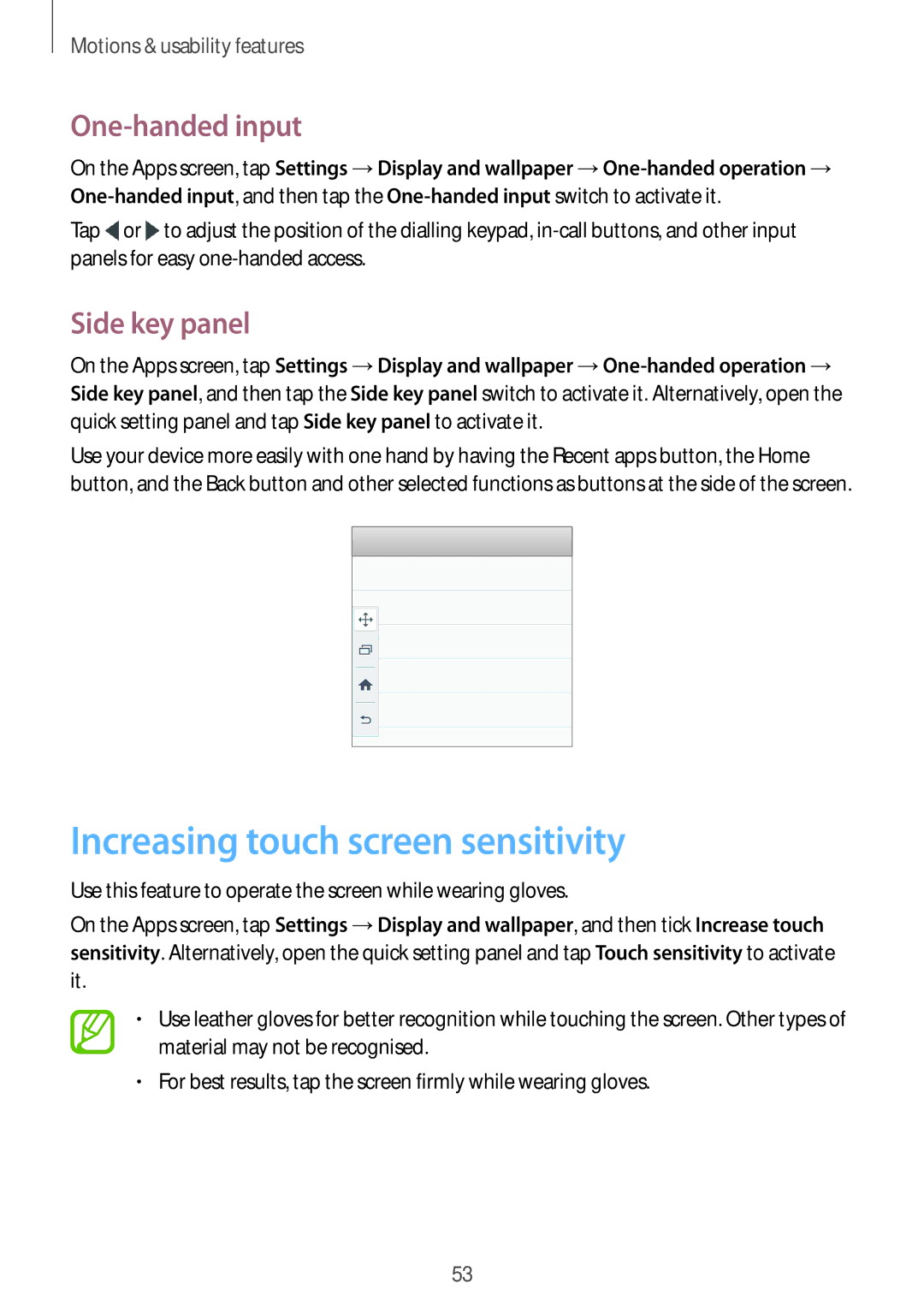 Samsung SM-E700FZBDKSA, SM-E700HZBDKSA manual Increasing touch screen sensitivity, One-handed input, Side key panel 