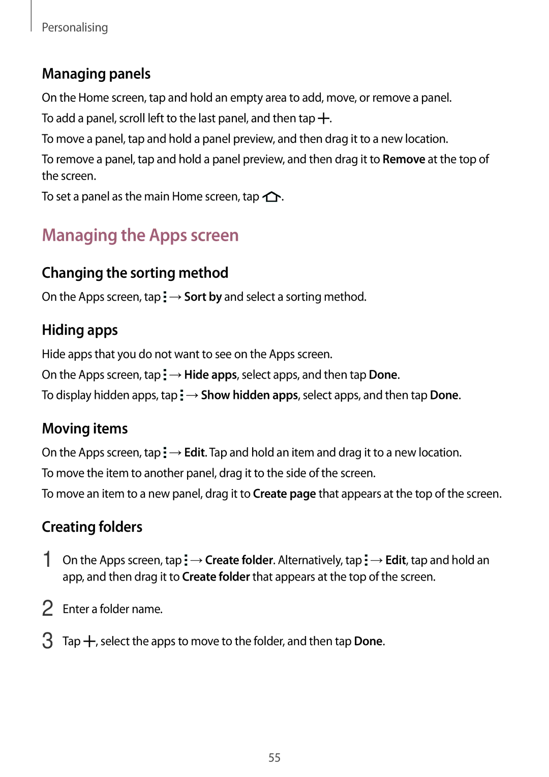 Samsung SM-E700FZWAKSA, SM-E700HZBDKSA, SM-E700FZBDKSA, SM-E700FZBAKSA, SM-E700FZWDKSA manual Managing the Apps screen 