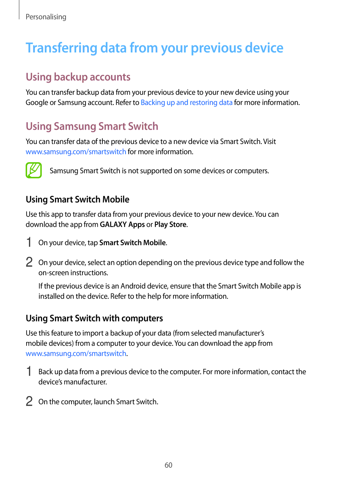 Samsung SM-E700FZKAPCL Transferring data from your previous device, Using backup accounts, Using Samsung Smart Switch 