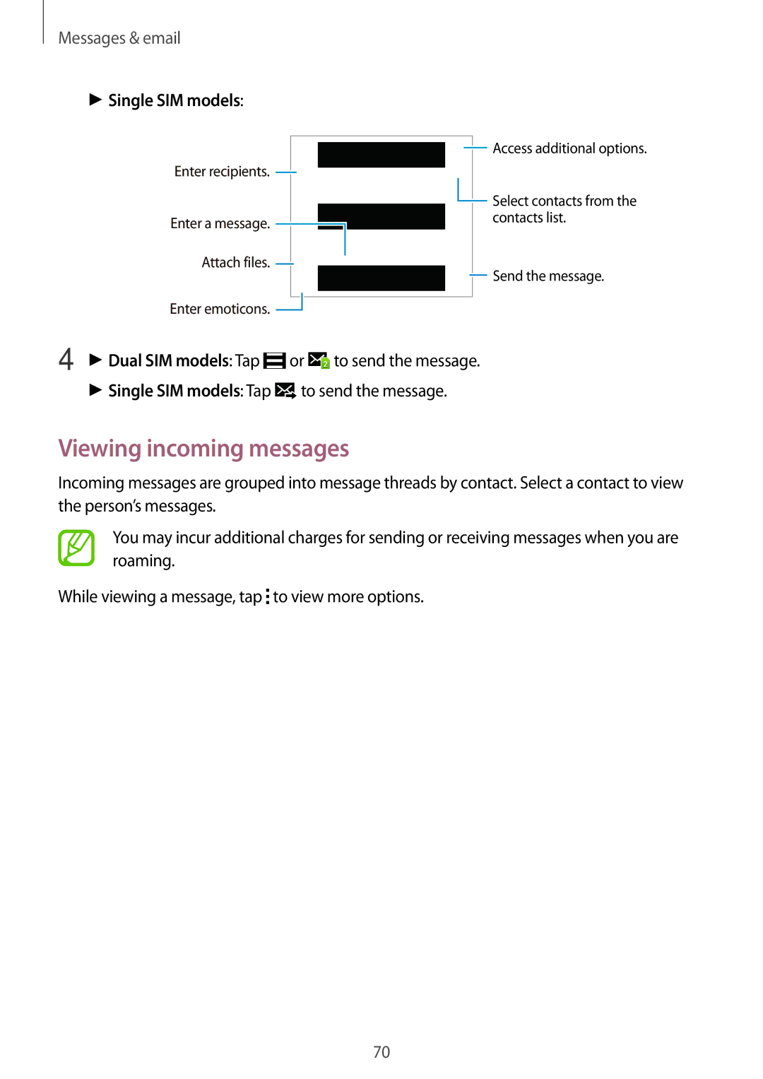 Samsung SM-E700HZWDKSA, SM-E700HZBDKSA, SM-E700FZBDKSA, SM-E700FZBAKSA manual Viewing incoming messages, Single SIM models 