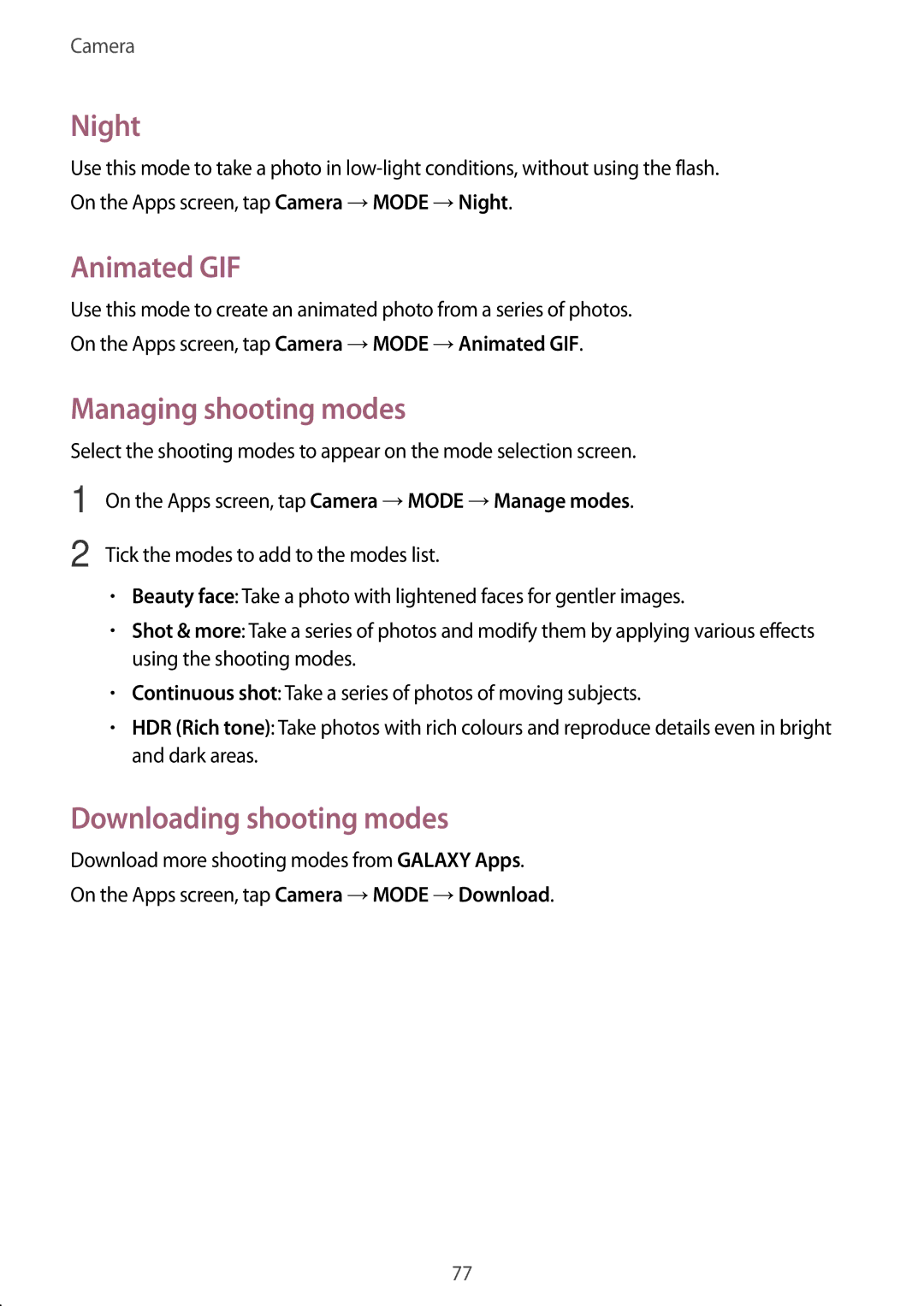 Samsung SM-E700FZWAPCL, SM-E700HZBDKSA manual Night, Animated GIF, Managing shooting modes, Downloading shooting modes 