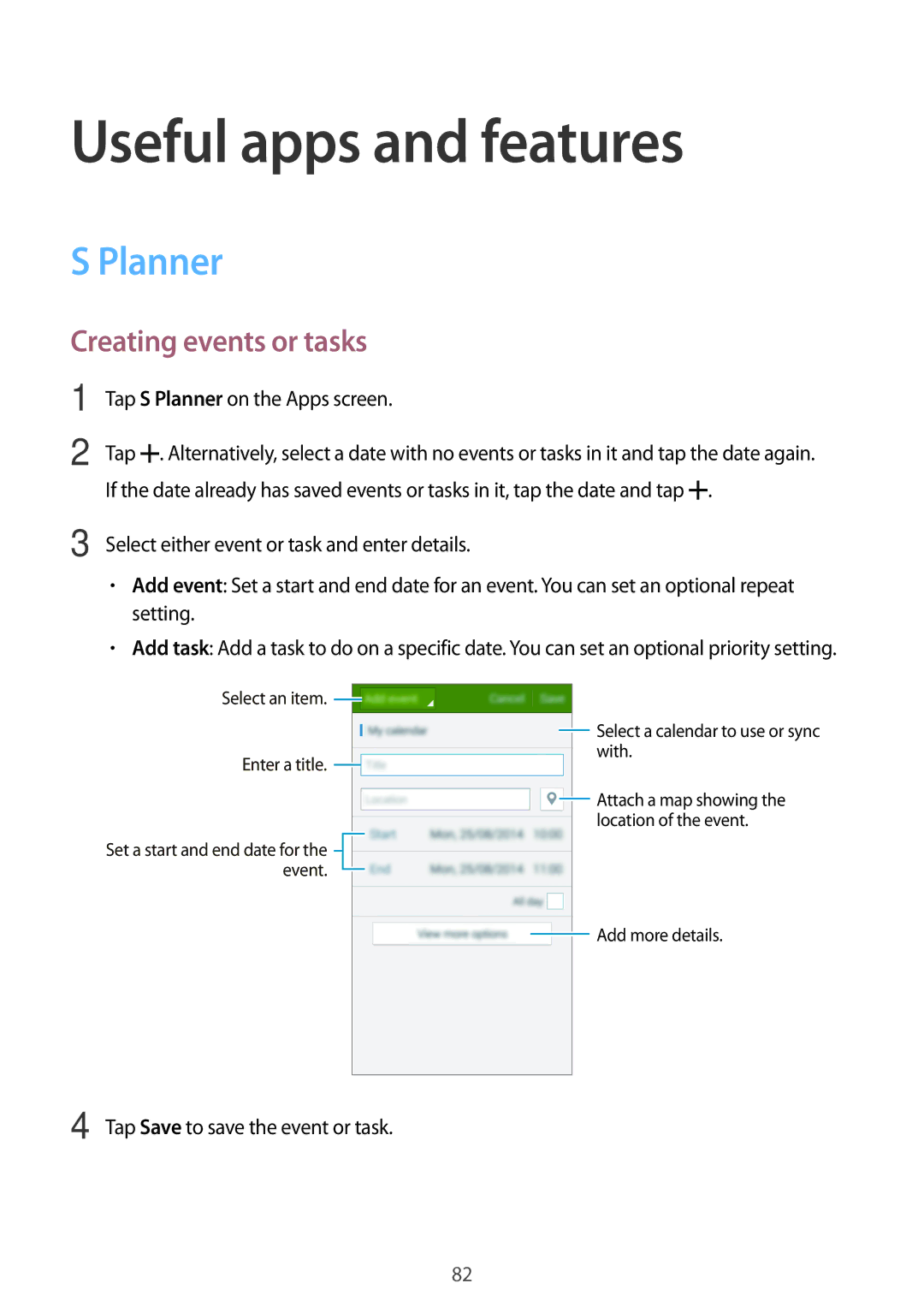 Samsung SM-E700FZWDKSA, SM-E700HZBDKSA, SM-E700FZBDKSA manual Useful apps and features, Planner, Creating events or tasks 