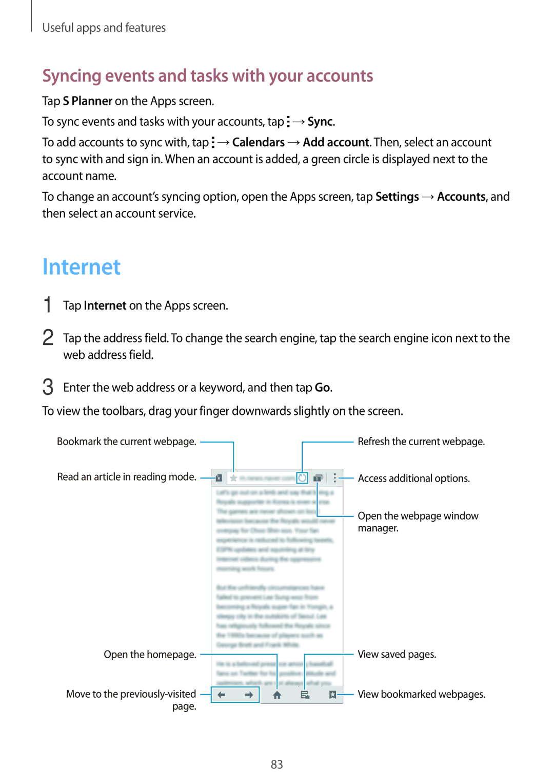 Samsung SM-E700HZWDKSA, SM-E700HZBDKSA, SM-E700FZBDKSA, SM-E700FZBAKSA Internet, Syncing events and tasks with your accounts 