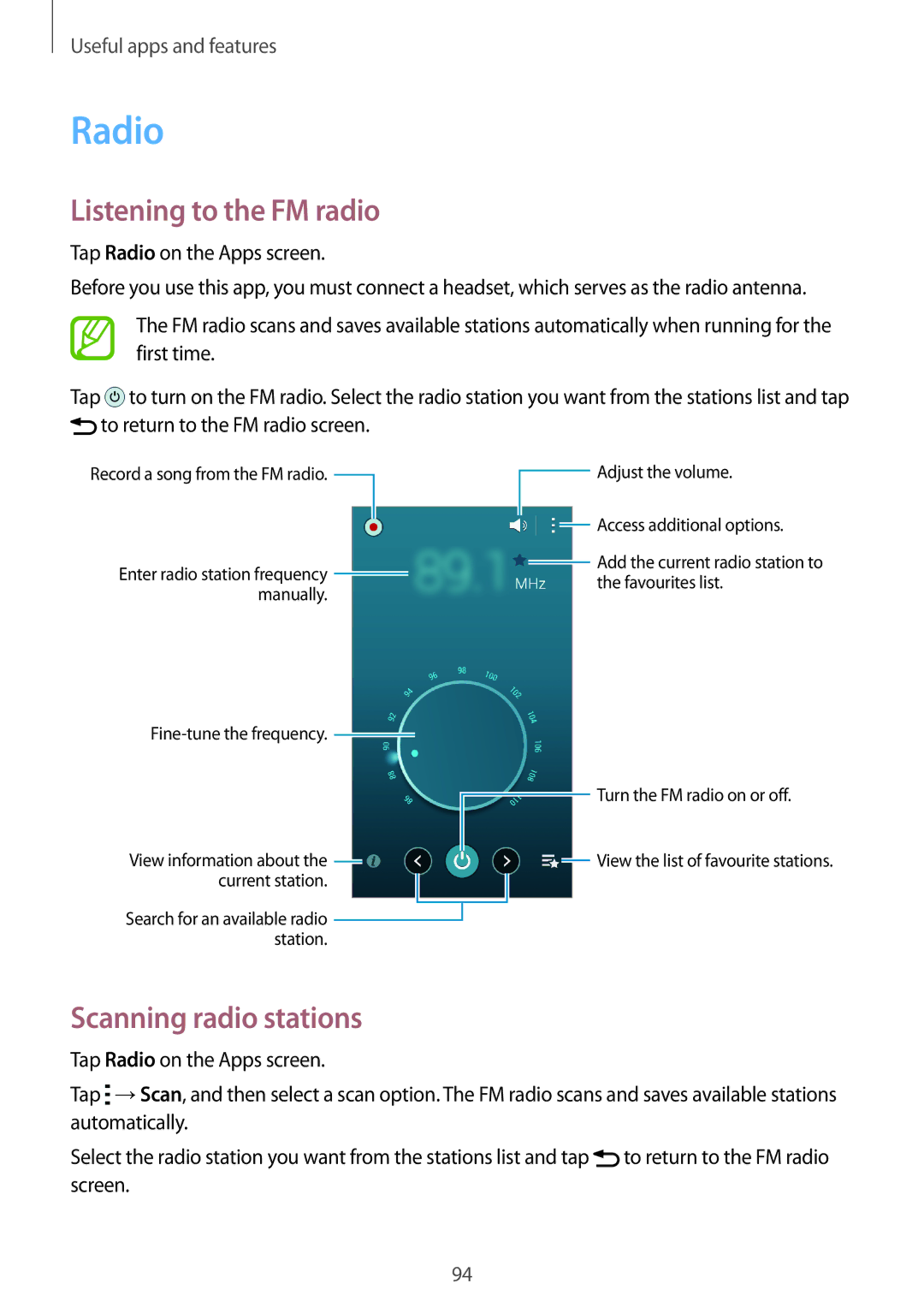 Samsung SM-E700FZWAKSA, SM-E700HZBDKSA, SM-E700FZBDKSA manual Radio, Listening to the FM radio, Scanning radio stations 