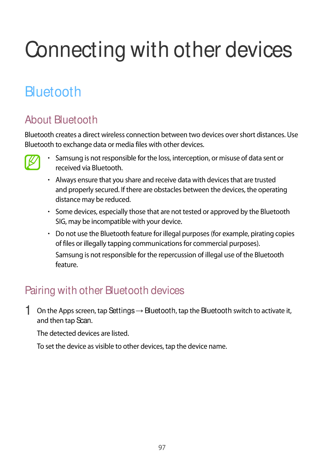 Samsung SM-E700HZWDXXV, SM-E700HZBDKSA, SM-E700FZBDKSA manual About Bluetooth, Pairing with other Bluetooth devices 