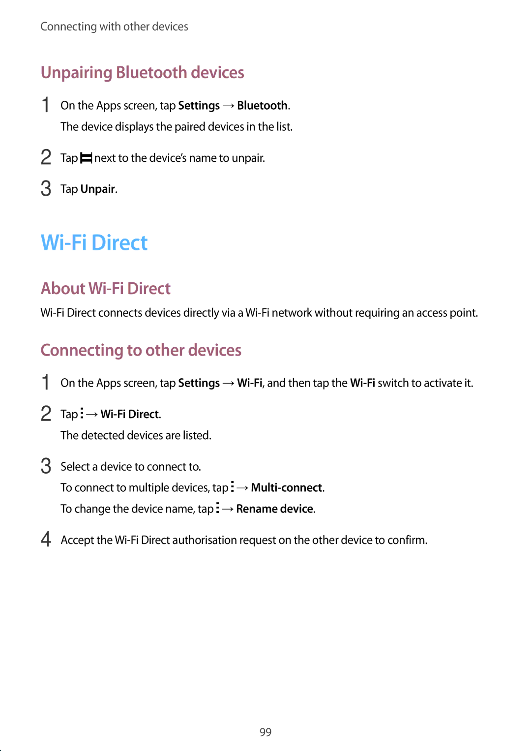 Samsung SM-E700FZKAPCL, SM-E700HZBDKSA Unpairing Bluetooth devices, About Wi-Fi Direct, Connecting to other devices 