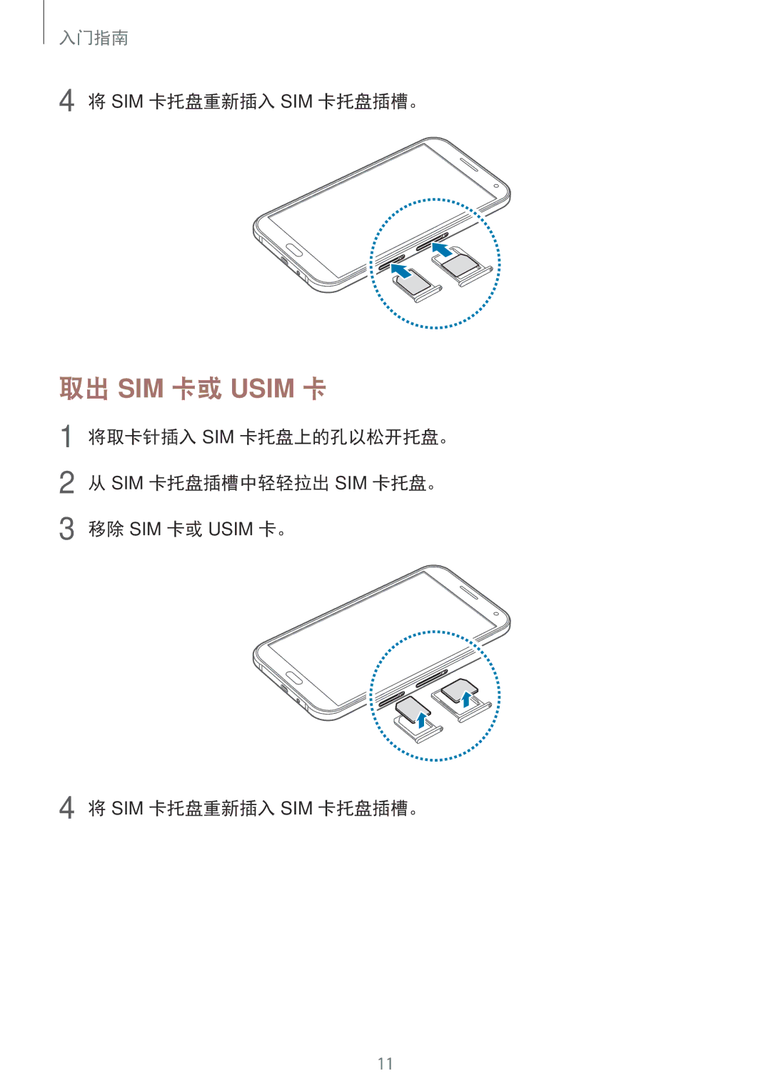 Samsung SM-E700HZKDXXV manual 取出 SIM 卡或 Usim 卡, Sim 卡托盘重新插入 Sim 卡托盘插槽。, 将取卡针插入 Sim 卡托盘上的孔以松开托盘。 Sim 卡托盘插槽中轻轻拉出 Sim 卡托盘。 