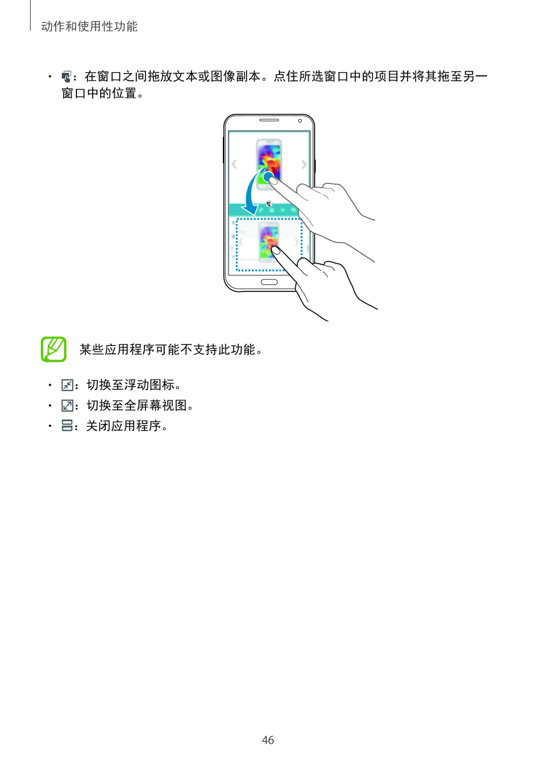 Samsung SM-E700HZWDXXV, SM-E700HZKDXXV manual 某些应用程序可能不支持此功能。 ：切换至浮动图标。 ：切换至全屏幕视图。 ：关闭应用程序。 