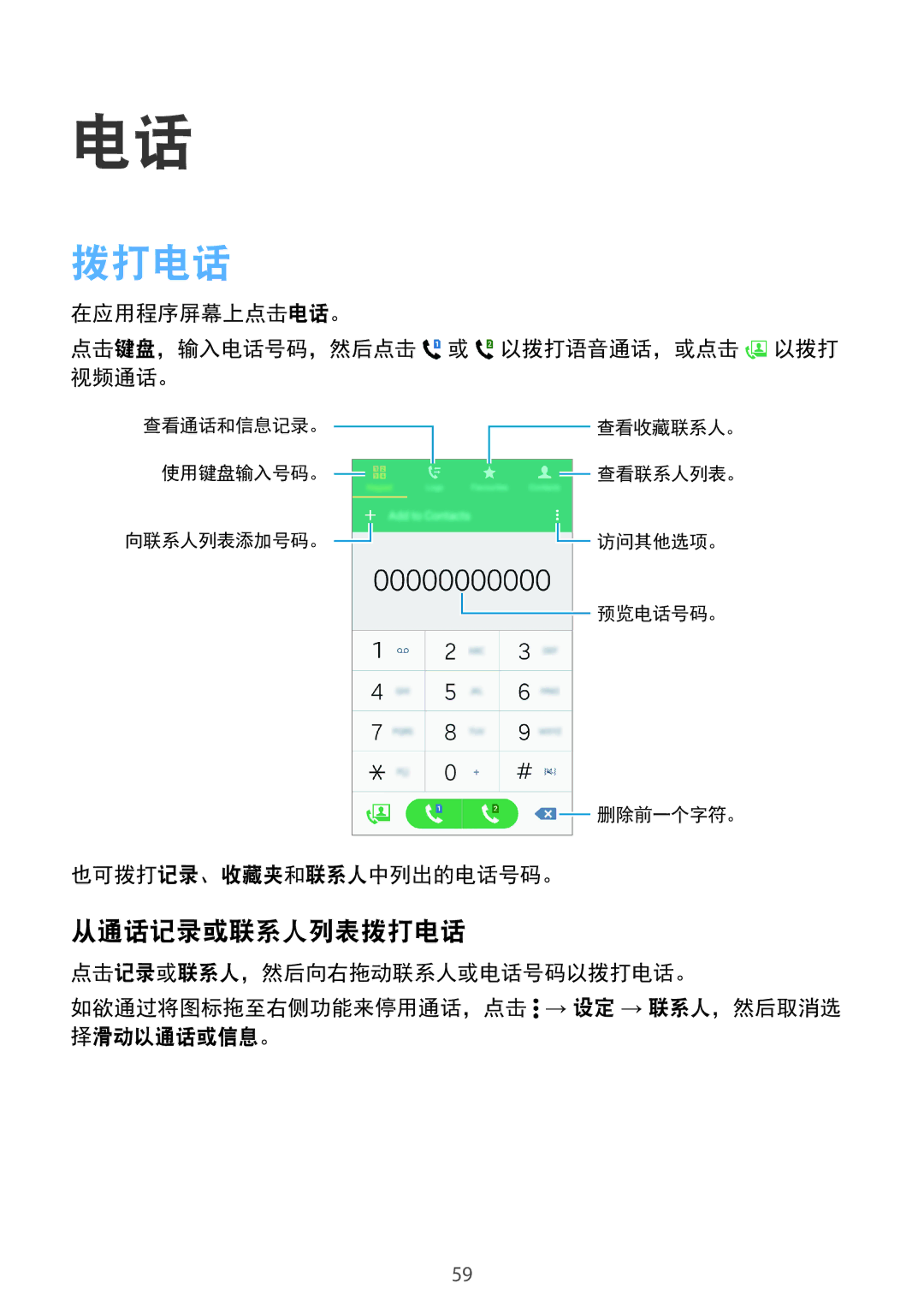 Samsung SM-E700HZKDXXV, SM-E700HZWDXXV manual 从通话记录或联系人列表拨打电话, 在应用程序屏幕上点击电话。 点击键盘，输入电话号码，然后点击 或 以拨打语音通话，或点击 以拨打 视频通话。 