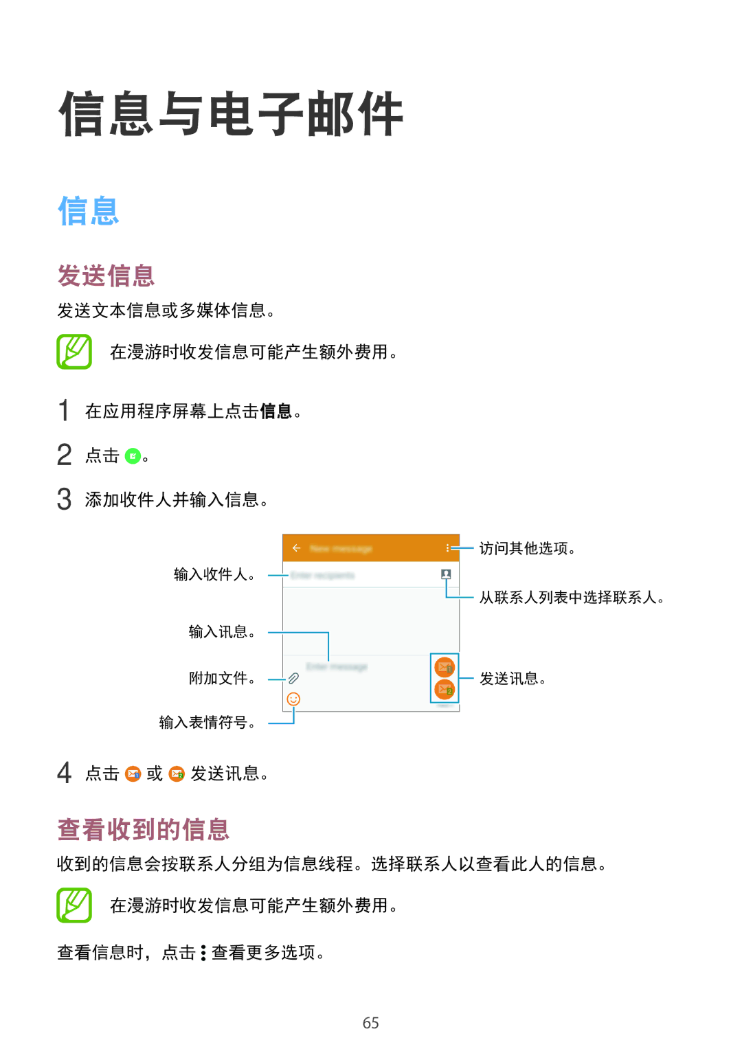 Samsung SM-E700HZKDXXV, SM-E700HZWDXXV manual 信息与电子邮件, 发送信息, 查看收到的信息, 点击 或 发送讯息。 