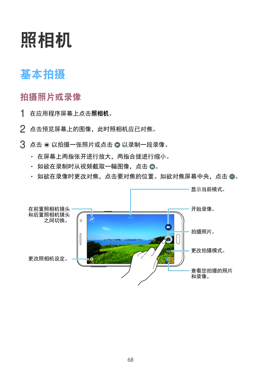 Samsung SM-E700HZWDXXV, SM-E700HZKDXXV manual 照相机, 基本拍摄, 拍摄照片或录像 