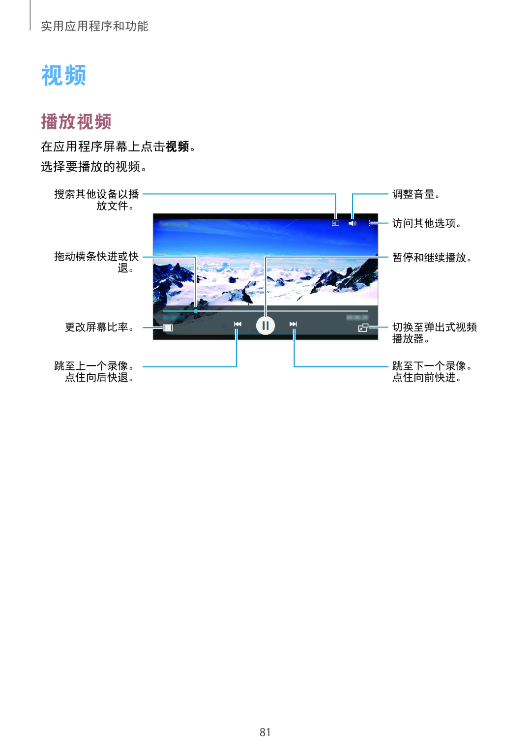 Samsung SM-E700HZKDXXV, SM-E700HZWDXXV manual 播放视频, 在应用程序屏幕上点击视频。 选择要播放的视频。 