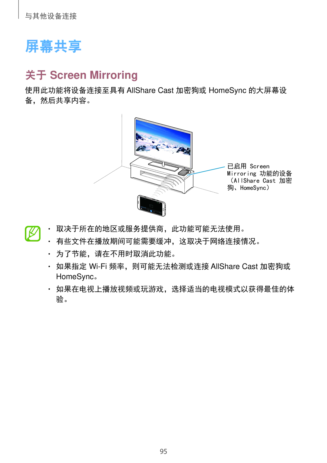 Samsung SM-E700HZKDXXV manual 屏幕共享, 关于 Screen Mirroring, 使用此功能将设备连接至具有 AllShare Cast 加密狗或 HomeSync 的大屏幕设 备，然后共享内容。 