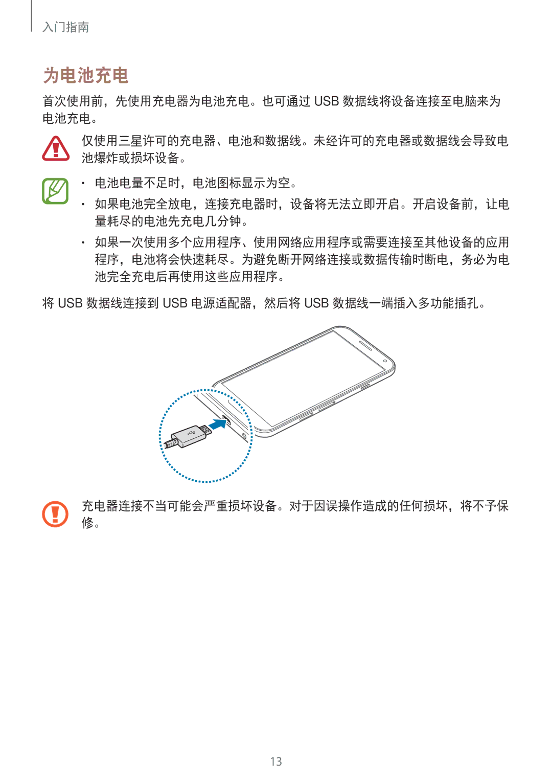 Samsung SM-E700HZKDXXV, SM-E700HZWDXXV manual 首次使用前，先使用充电器为电池充电。也可通过 Usb 数据线将设备连接至电脑来为 电池充电。, 电池电量不足时，电池图标显示为空。 