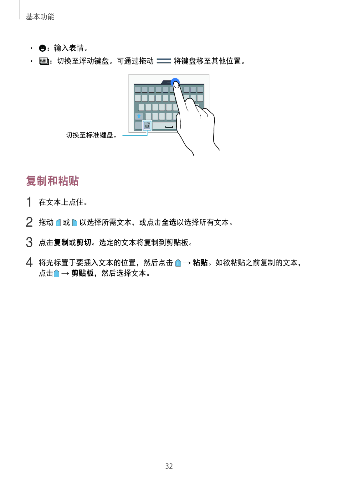 Samsung SM-E700HZWDXXV, SM-E700HZKDXXV manual 复制和粘贴, ：输入表情。 ：切换至浮动键盘。可通过拖动 将键盘移至其他位置。 