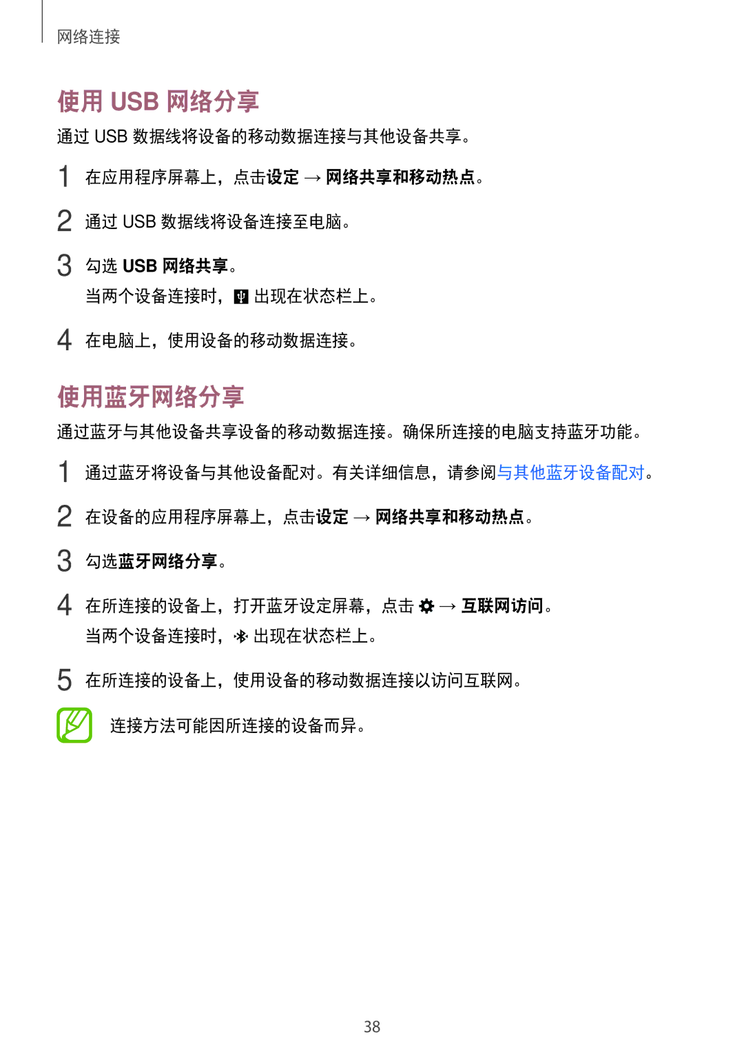 Samsung SM-E700HZWDXXV, SM-E700HZKDXXV manual 使用 Usb 网络分享, 使用蓝牙网络分享 