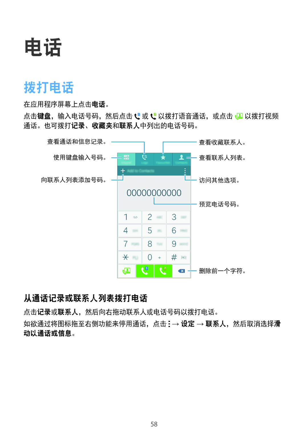 Samsung SM-E700HZWDXXV, SM-E700HZKDXXV manual 从通话记录或联系人列表拨打电话 
