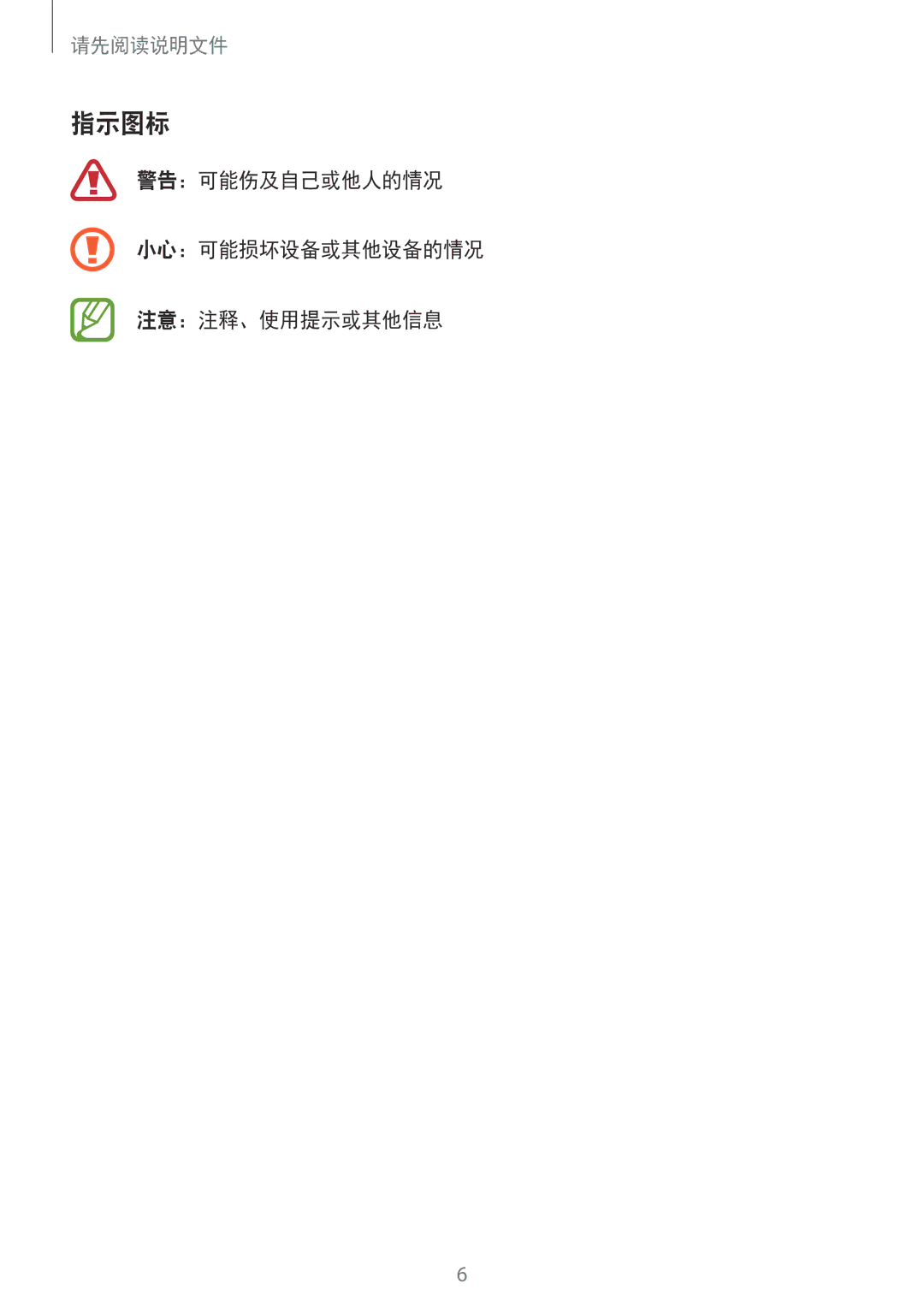 Samsung SM-E700HZWDXXV, SM-E700HZKDXXV manual 指示图标, 警告：可能伤及自己或他人的情况 小心：可能损坏设备或其他设备的情况 注意：注释、使用提示或其他信息 