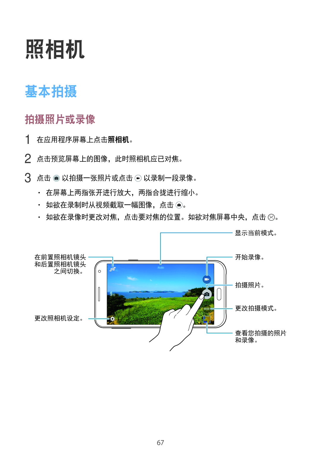 Samsung SM-E700HZKDXXV, SM-E700HZWDXXV manual 照相机, 基本拍摄, 拍摄照片或录像 